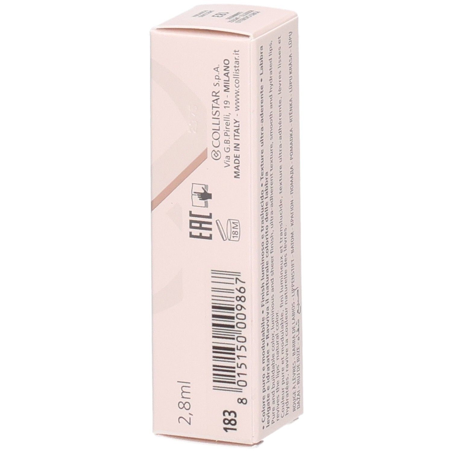 Rosafarbene Verpackung. Collistar Milano, Puro Gioiello Lipstick, Luminous. Barcode, 2,8 ml, 183.