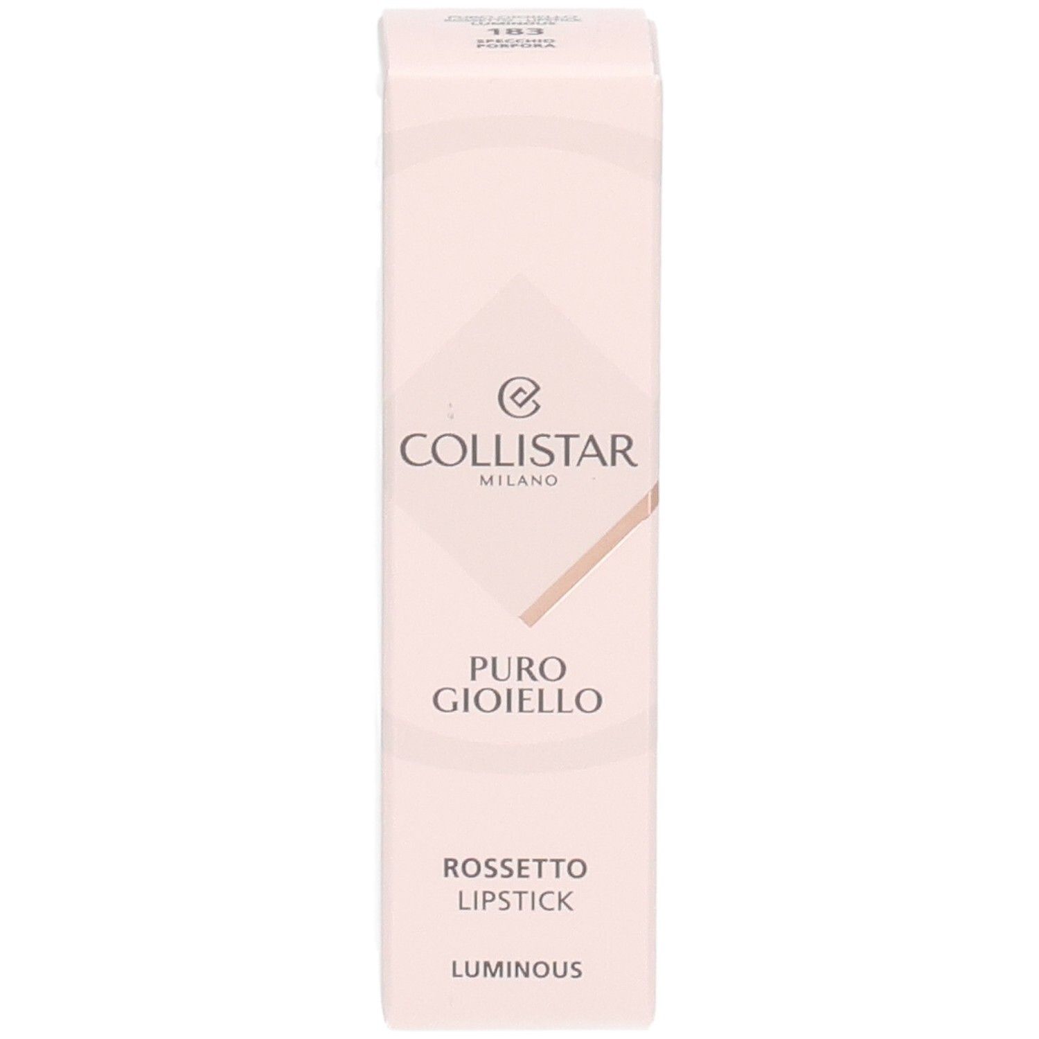 Rosafarbene Verpackung. Collistar Milano, Puro Gioiello Lipstick, Luminous. Produktansicht.