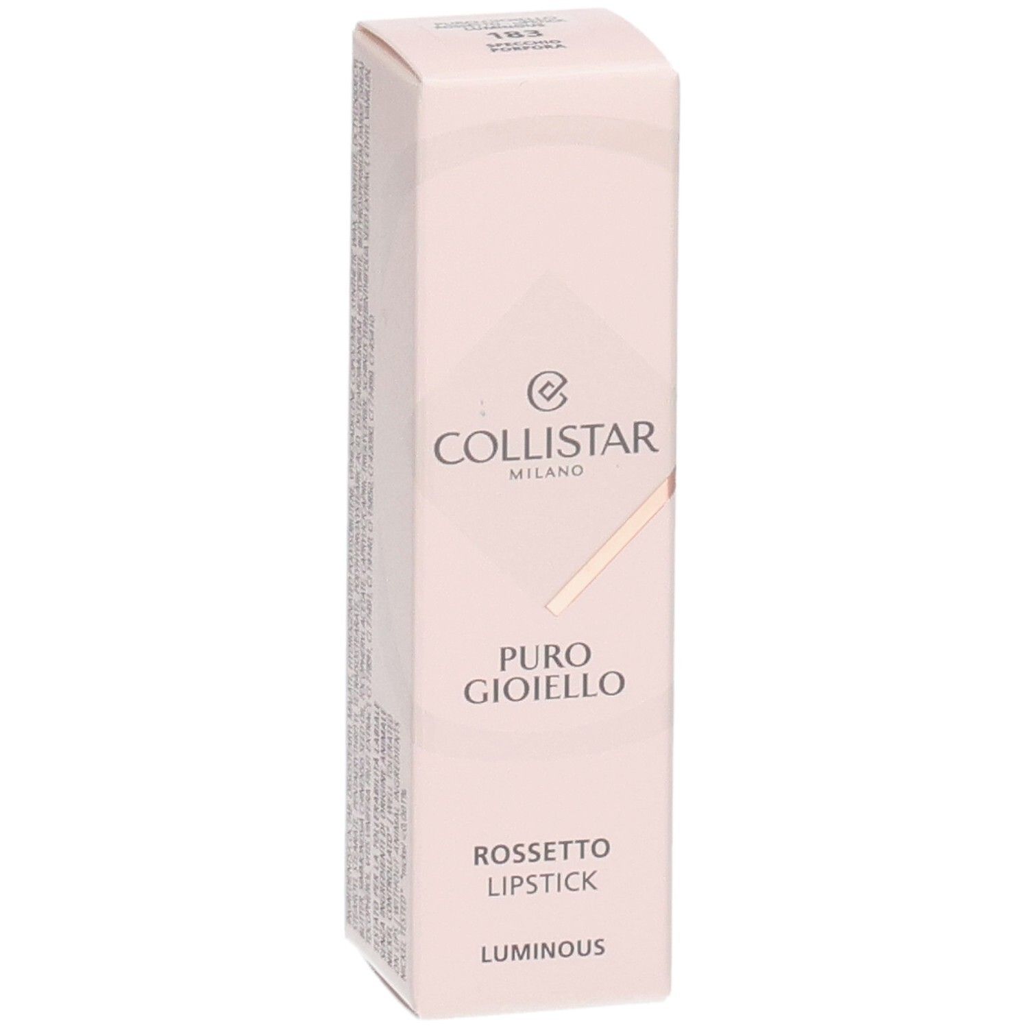 Rosafarbene Verpackung. Collistar Milano, Puro Gioiello Lipstick, Luminous. Produktansicht.