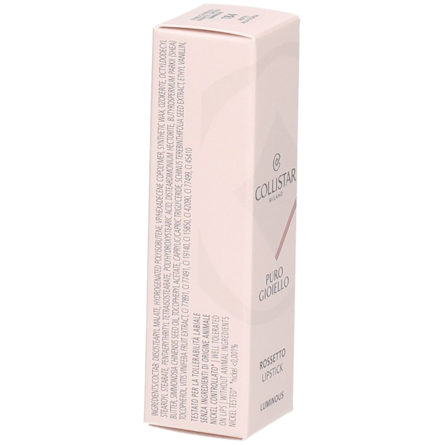Collistar Puro Gioiello Lippenstiftverpackung mit Inhaltsstoffangaben.