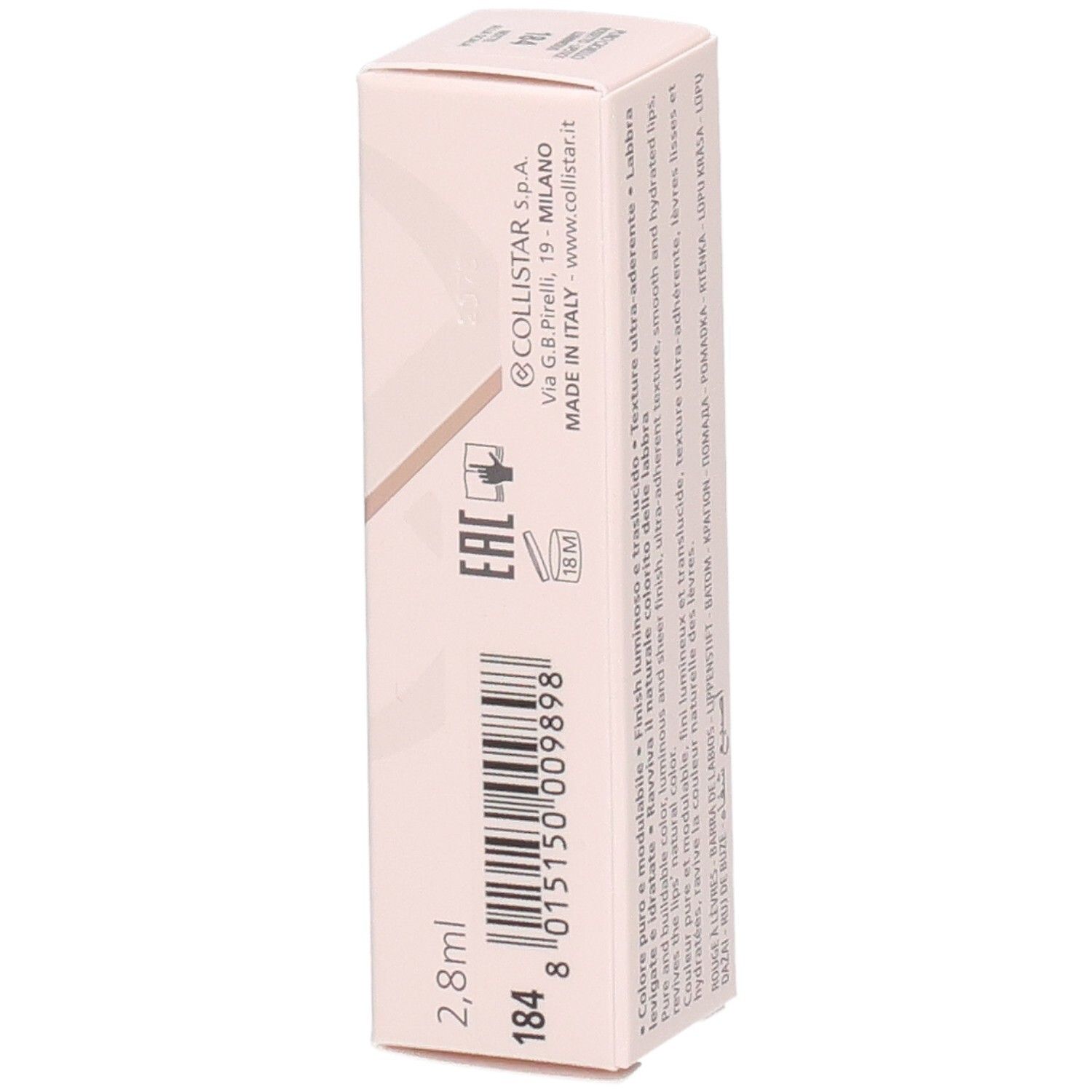 Collistar Puro Gioiello Lippenstiftverpackung mit Barcode und Herstellungsland.