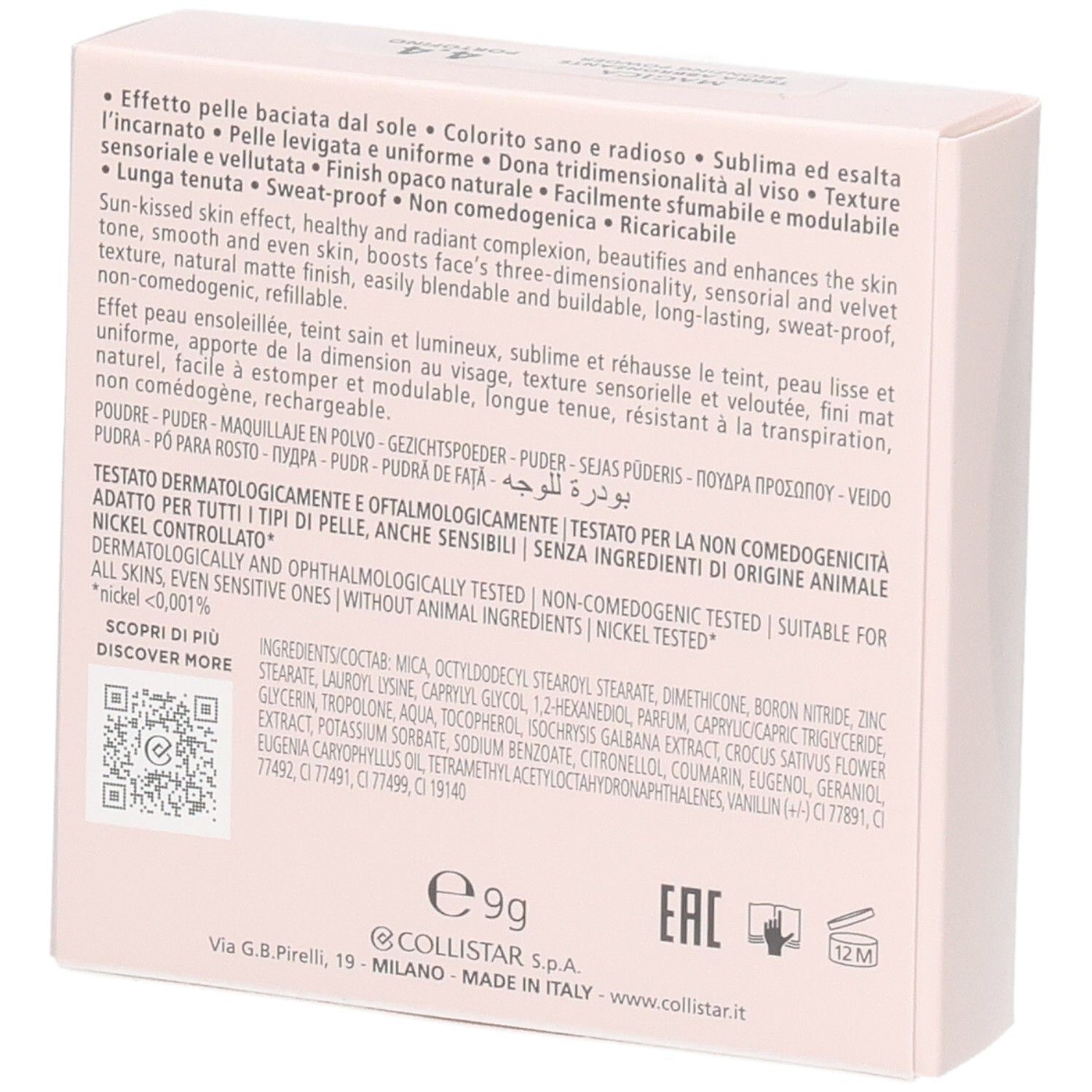 Collistar Magica Poudre Bronzante, 4.4 Portofino. Rückseite der Verpackung mit Inhaltsstoffen.