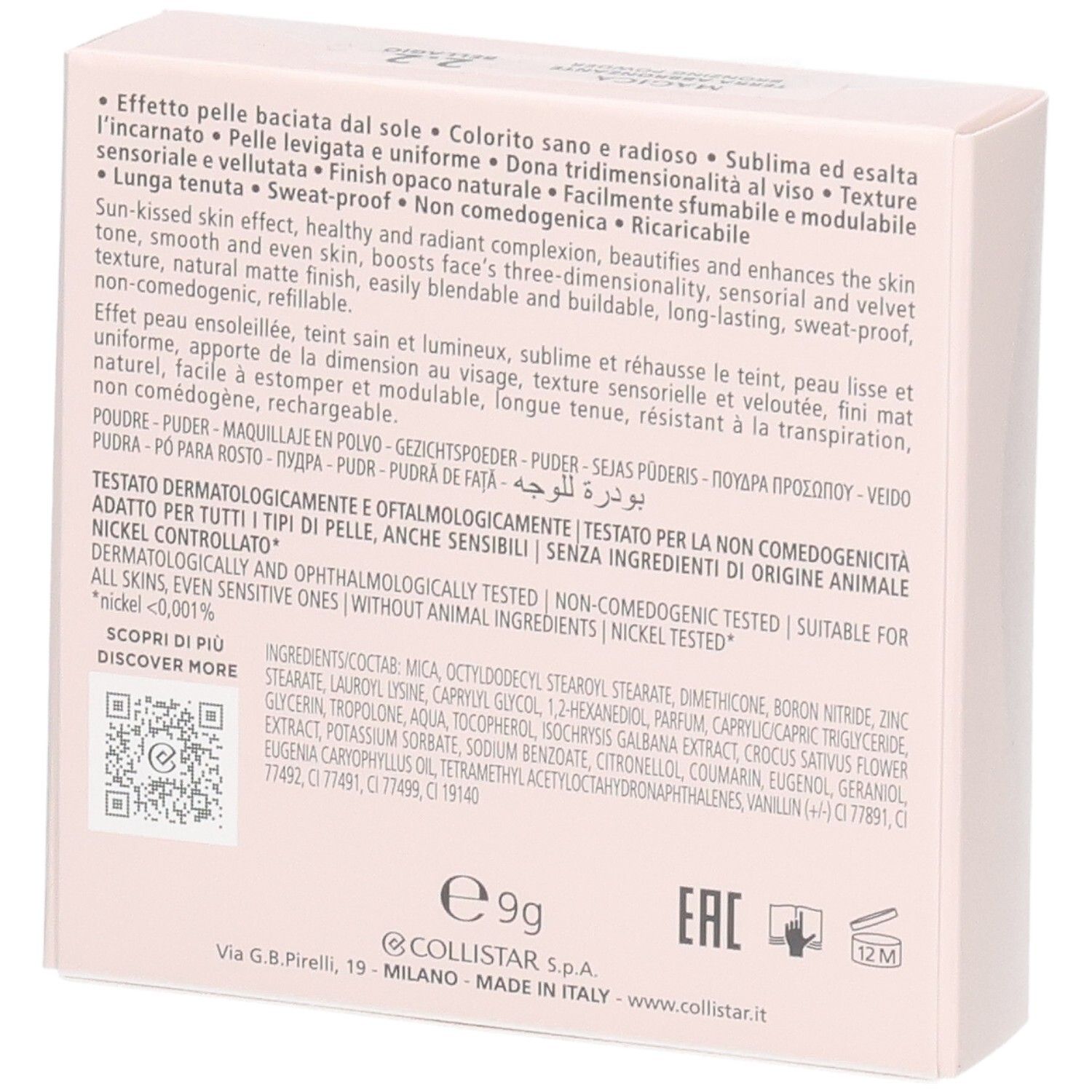 Rückseite der Verpackung von Collistar Magica Poudre Bronzante mit Inhaltsstoffen und Details.