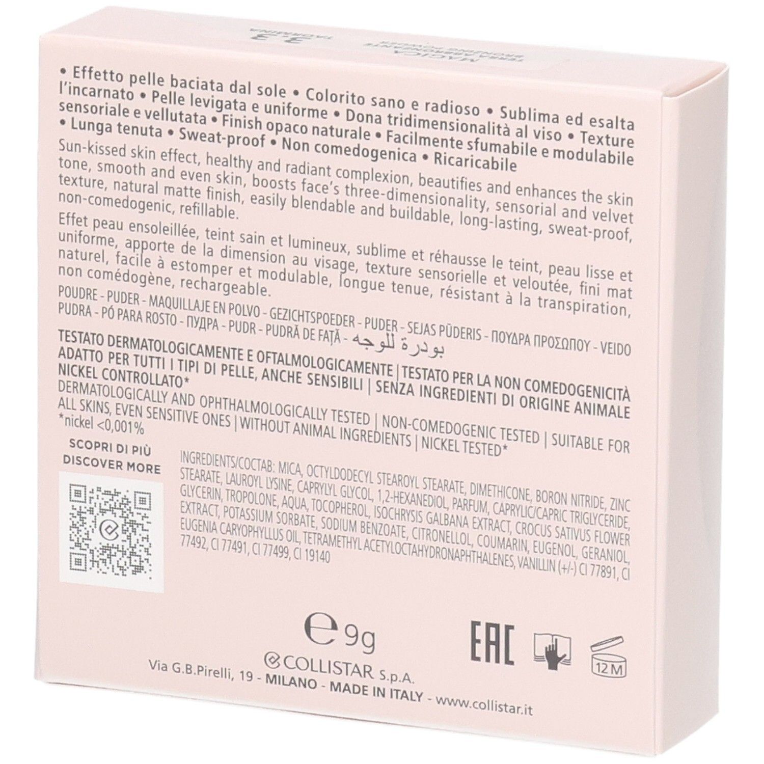 Rückseite der Collistar Magica Poudre Bronzante Verpackung mit Produktinformationen.