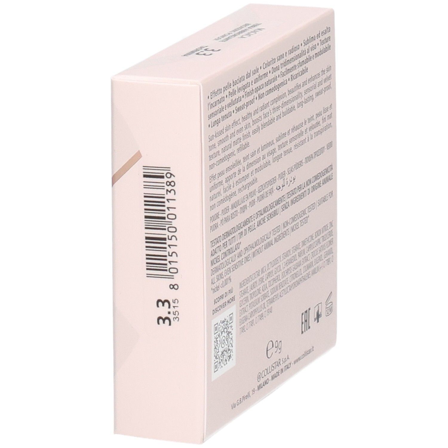 Seitenansicht der Collistar Magica Poudre Bronzante Verpackung mit Barcode und Farbnummer 3.3.