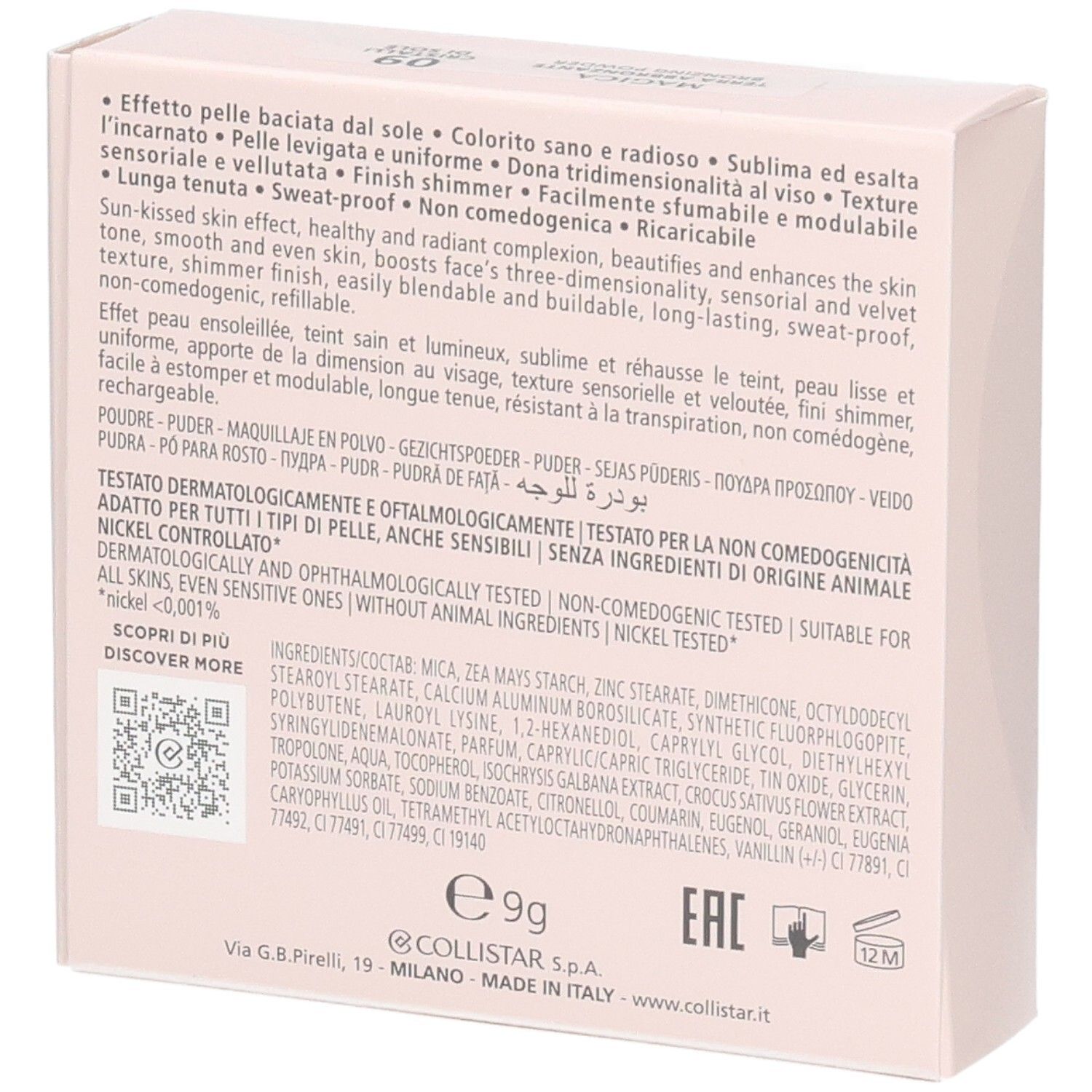 Rückseite der Collistar Magica Bronzing Powder Verpackung mit Inhaltsstoffen und Anwendungshinweisen.