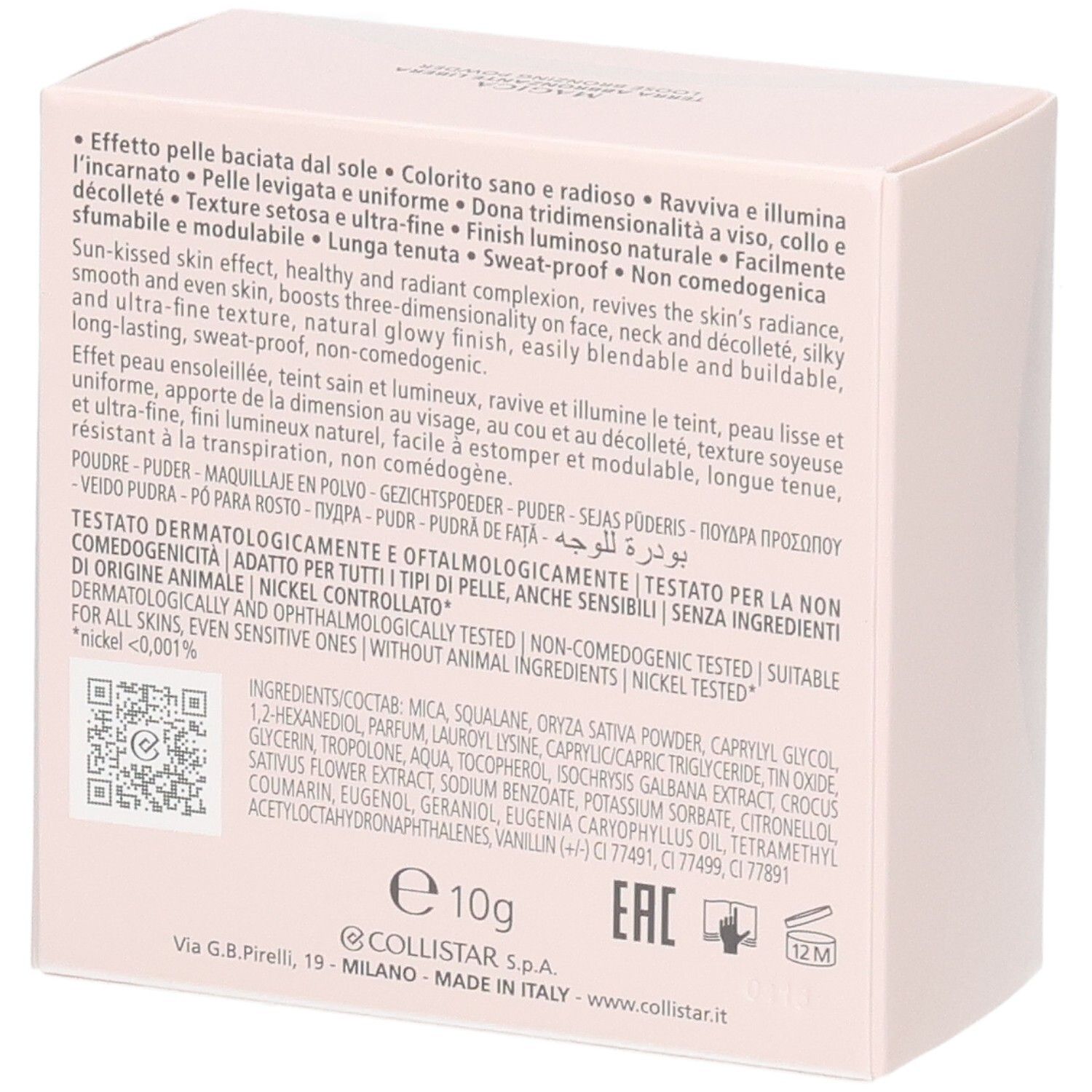 Rückseite der Collistar Magica Poudre Bronzante Libre Verpackung mit Produktinformationen.