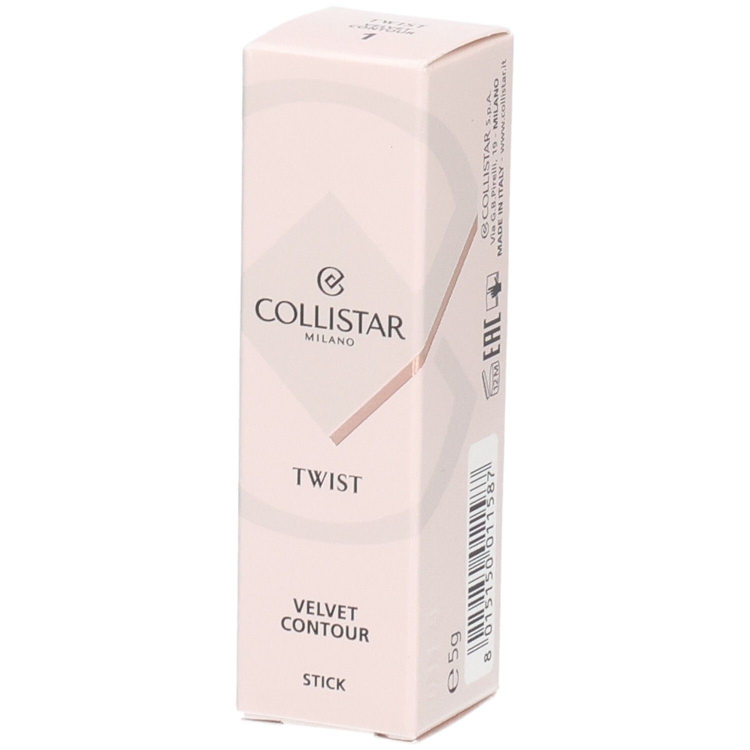 Collistar Twist Velvet Contour Stick Verpackung, hellrosa mit roséfarbenen Akzenten.