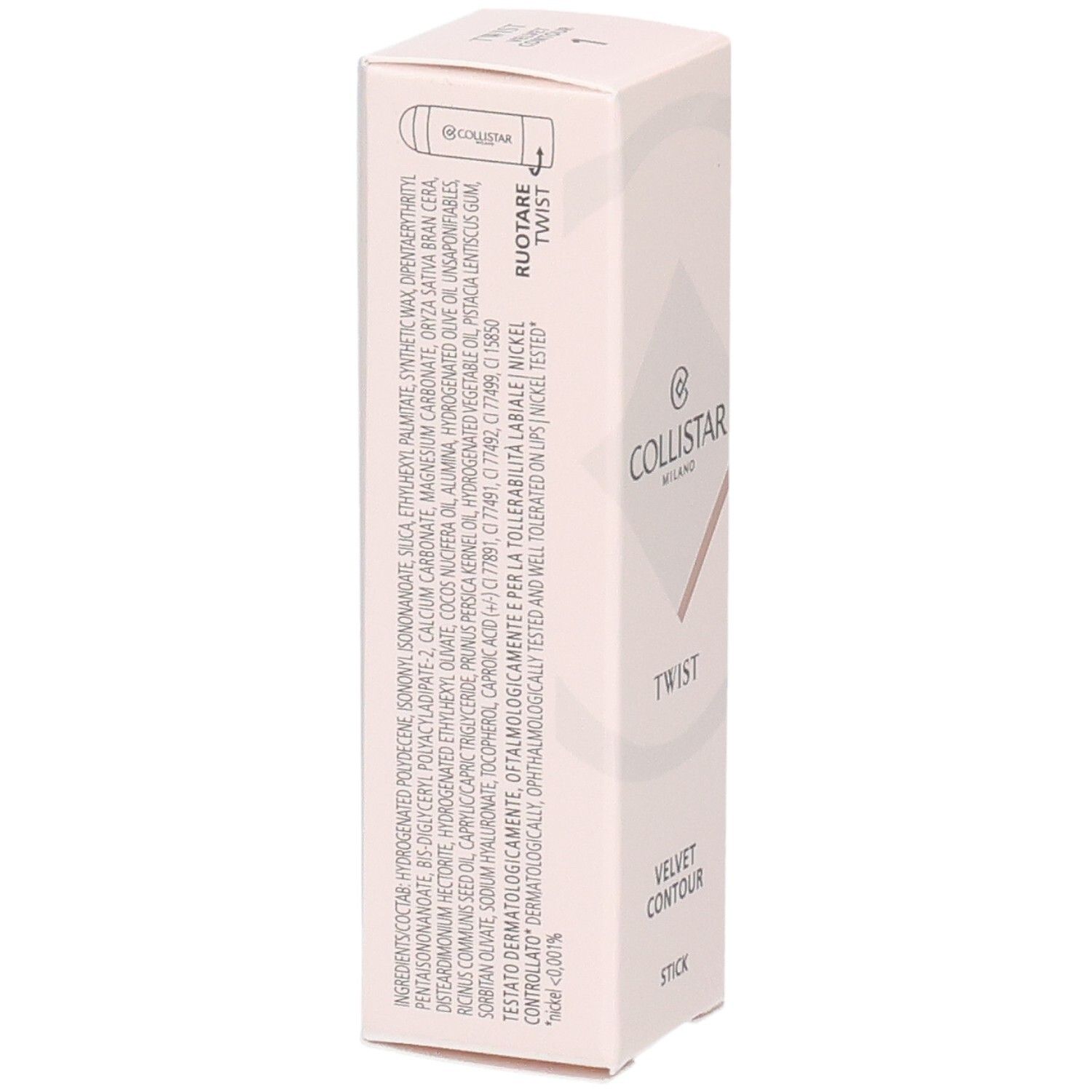 Rückseite der Collistar Twist Velvet Contour Stick Verpackung mit Inhaltsstoffen und Anwendungshinweisen.