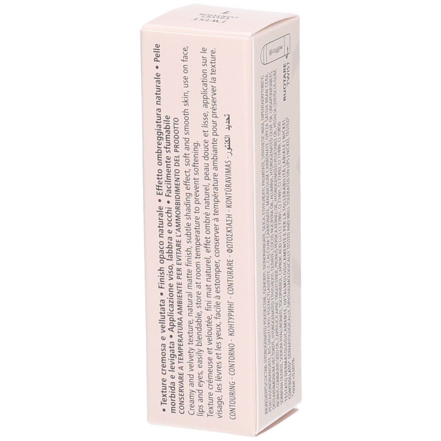 Seitenansicht der Collistar Twist Velvet Contour Stick Verpackung mit Produktbeschreibung in mehreren Sprachen.