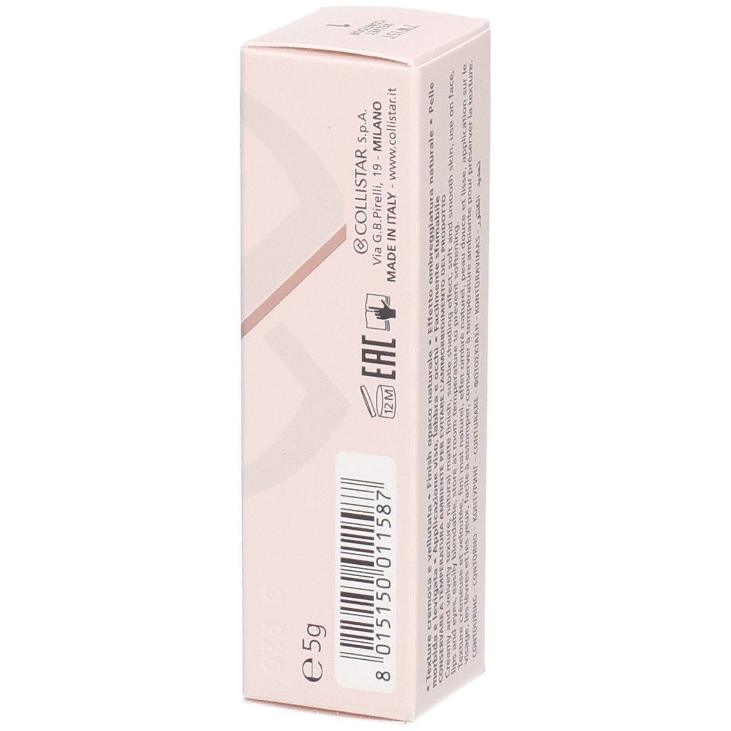 Rückseite der Collistar Twist Velvet Contour Stick Verpackung mit Barcode, Herstellerangaben und Gewicht.