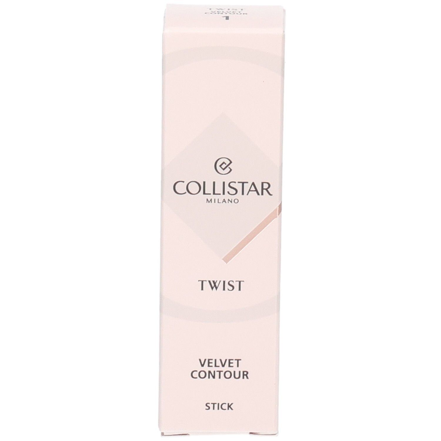 Collistar Twist Velvet Contour Stick Verpackung, hellrosa mit roséfarbenen Akzenten und Produktnamen.