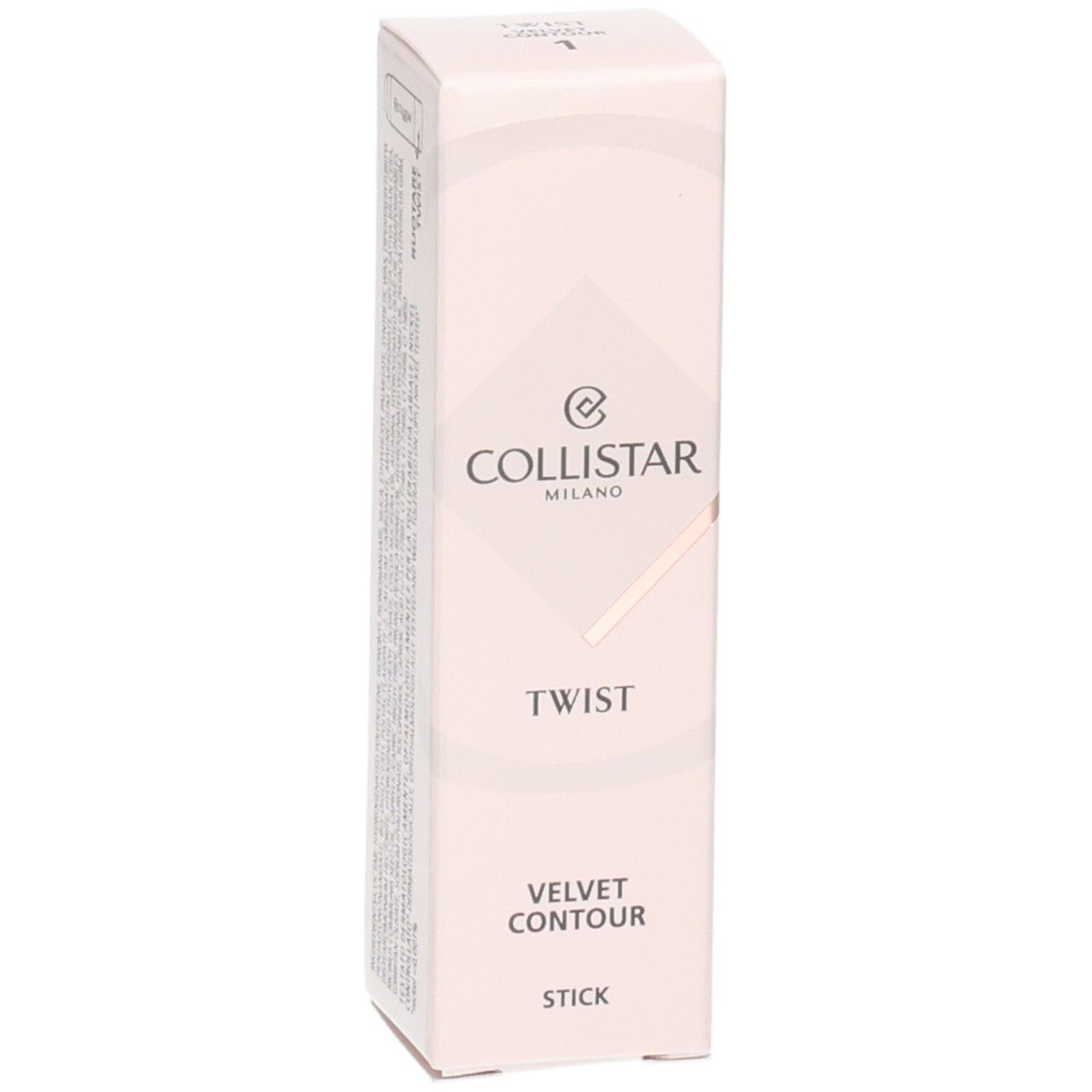 Collistar Twist Velvet Contour Stick Verpackung, hellrosa mit roséfarbenen Akzenten und Produktnamen.