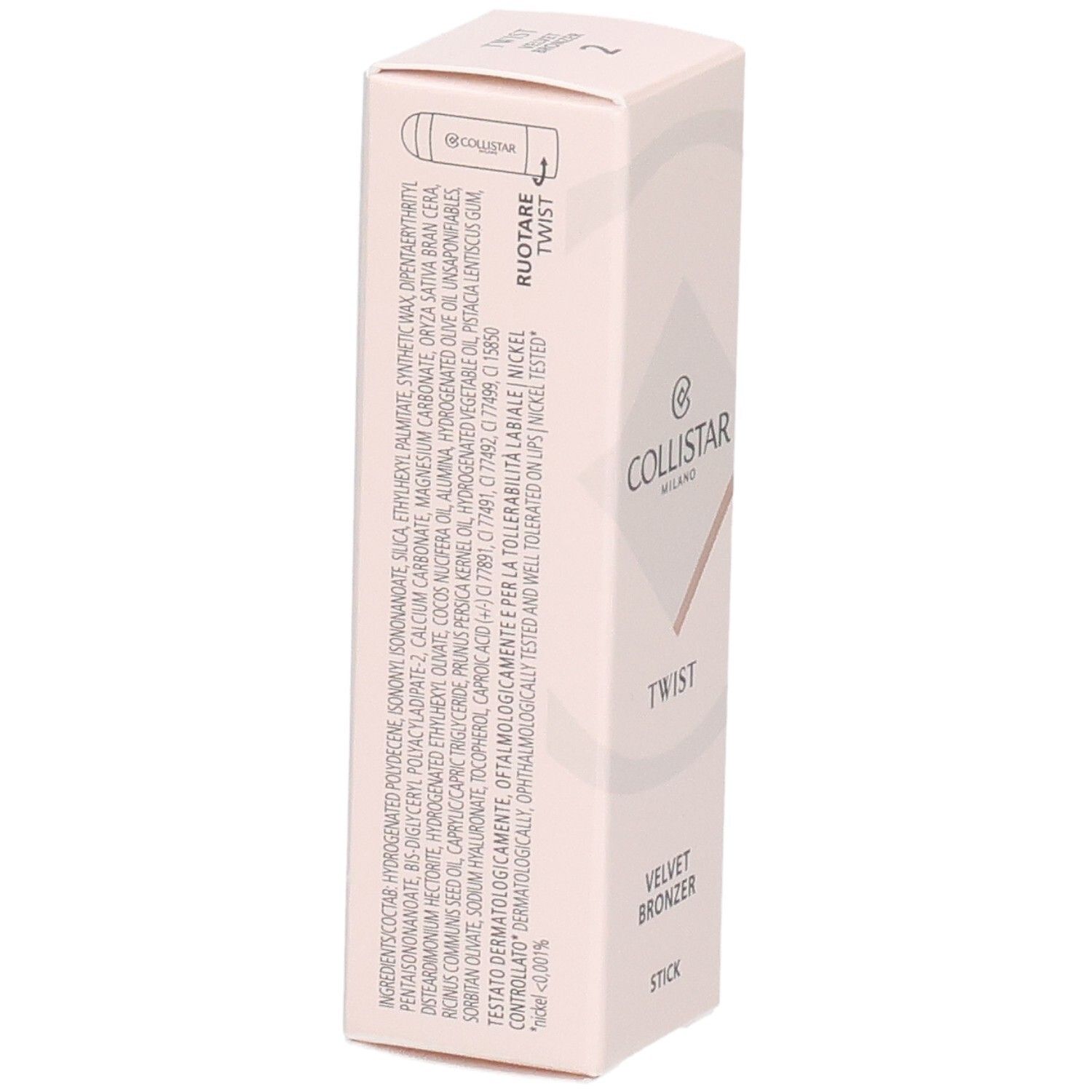 Collistar Twist Velvet Bronzer Stick Verpackung mit Inhaltsstoffliste.