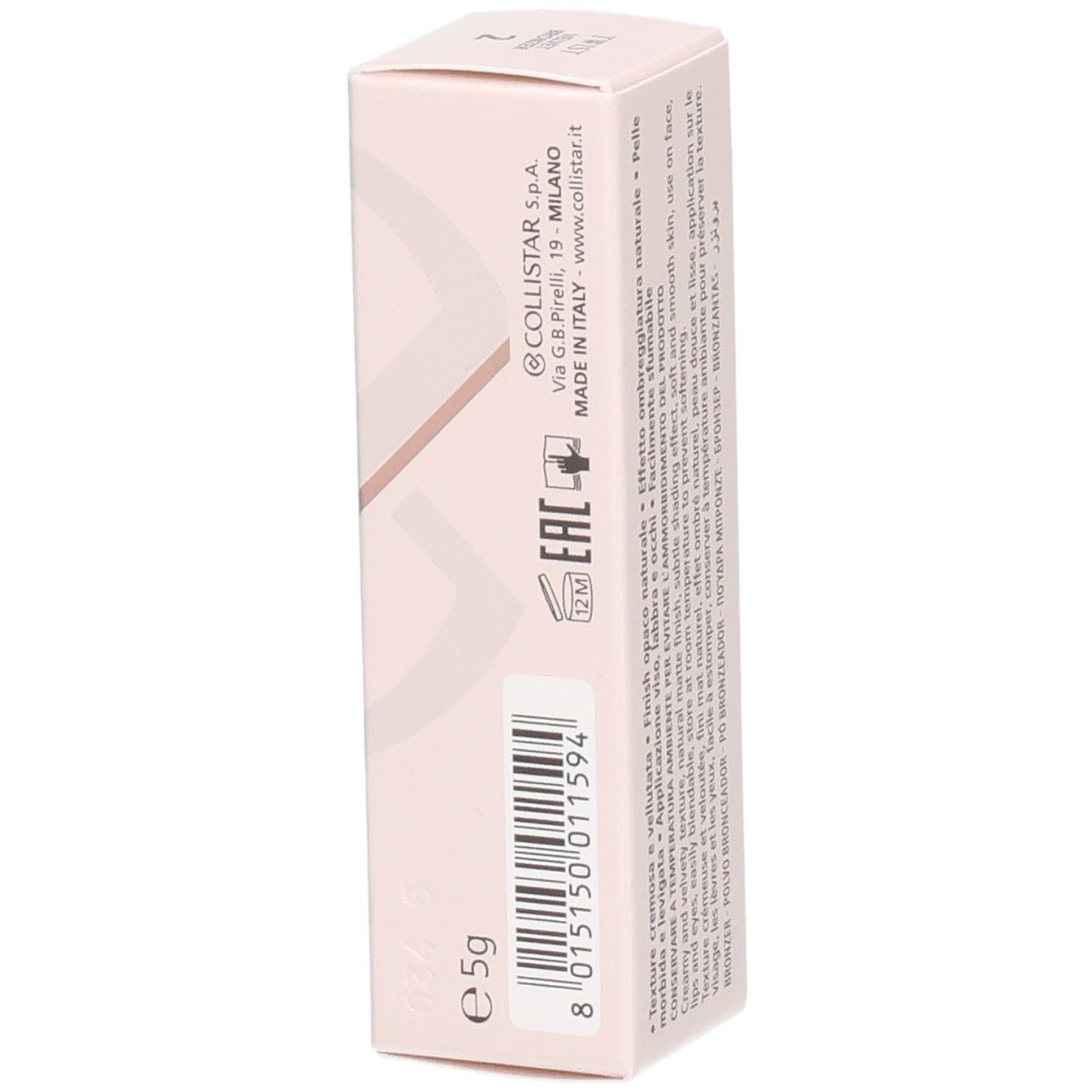 Collistar Twist Velvet Bronzer Stick Verpackung mit Barcode und EAC-Siegel.