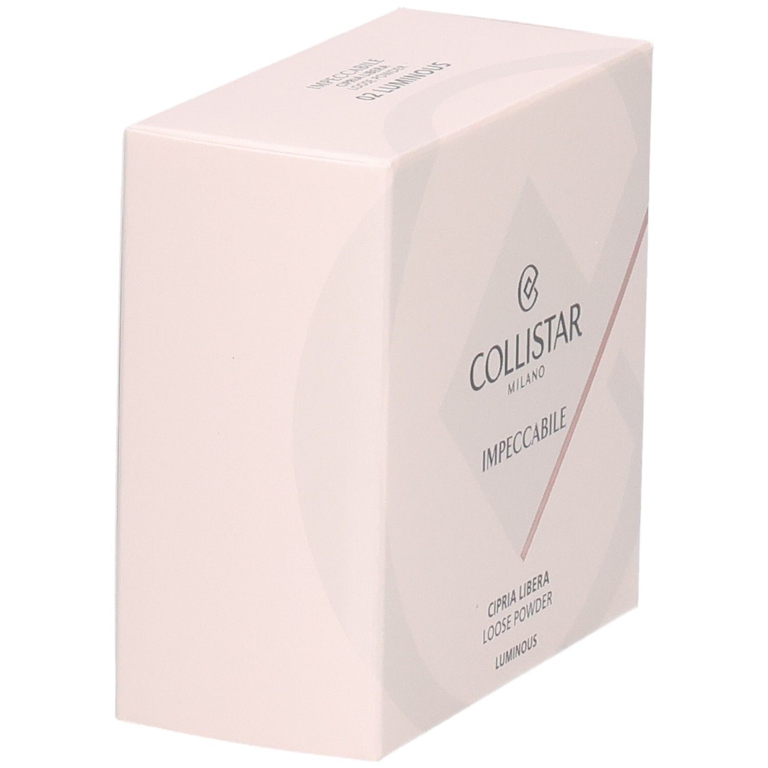 Collistar Impeccabile Poudre Libre, 02 Luminous. Seitenansicht der Kartonverpackung.