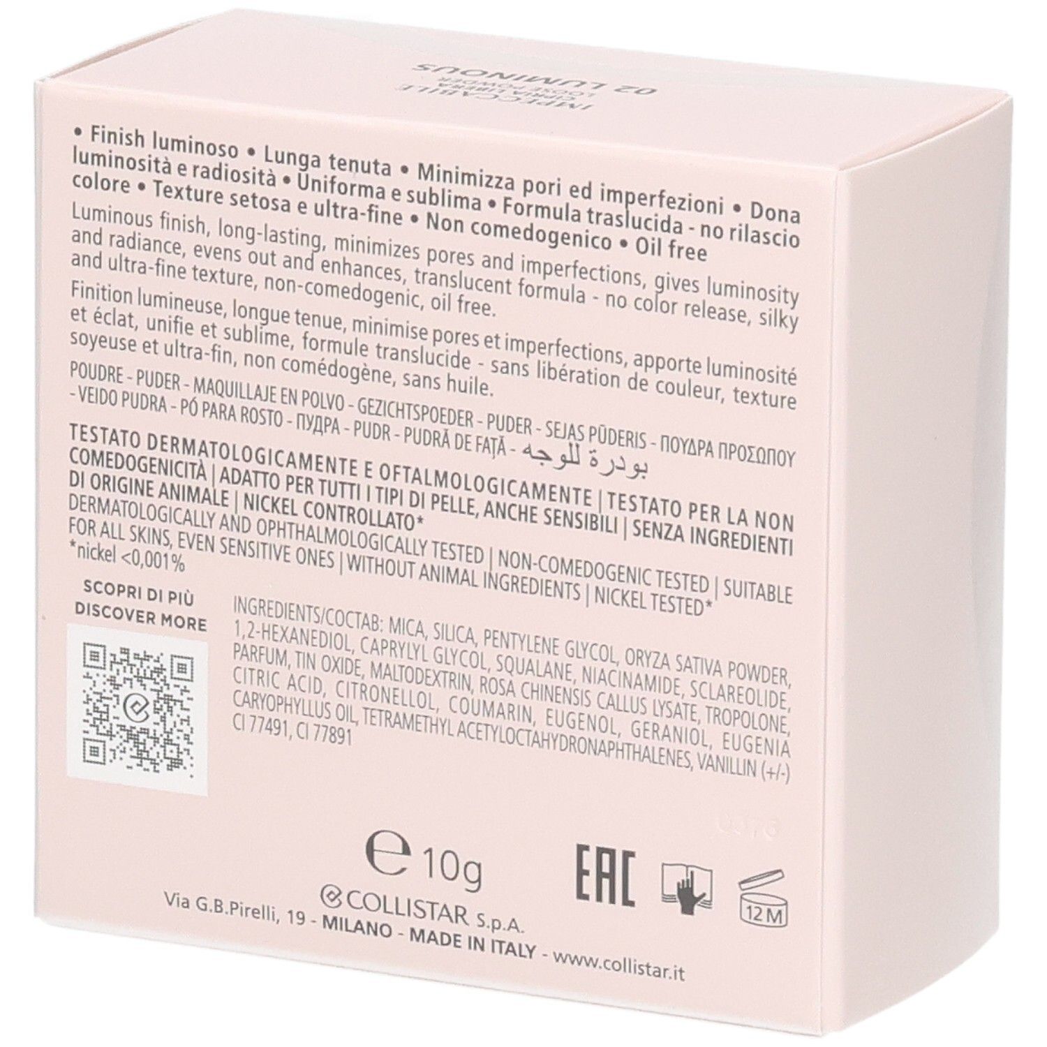 Collistar Impeccabile Poudre Libre, 02 Luminous. Rückseite der Kartonverpackung mit Inhaltsstoffen und Details.