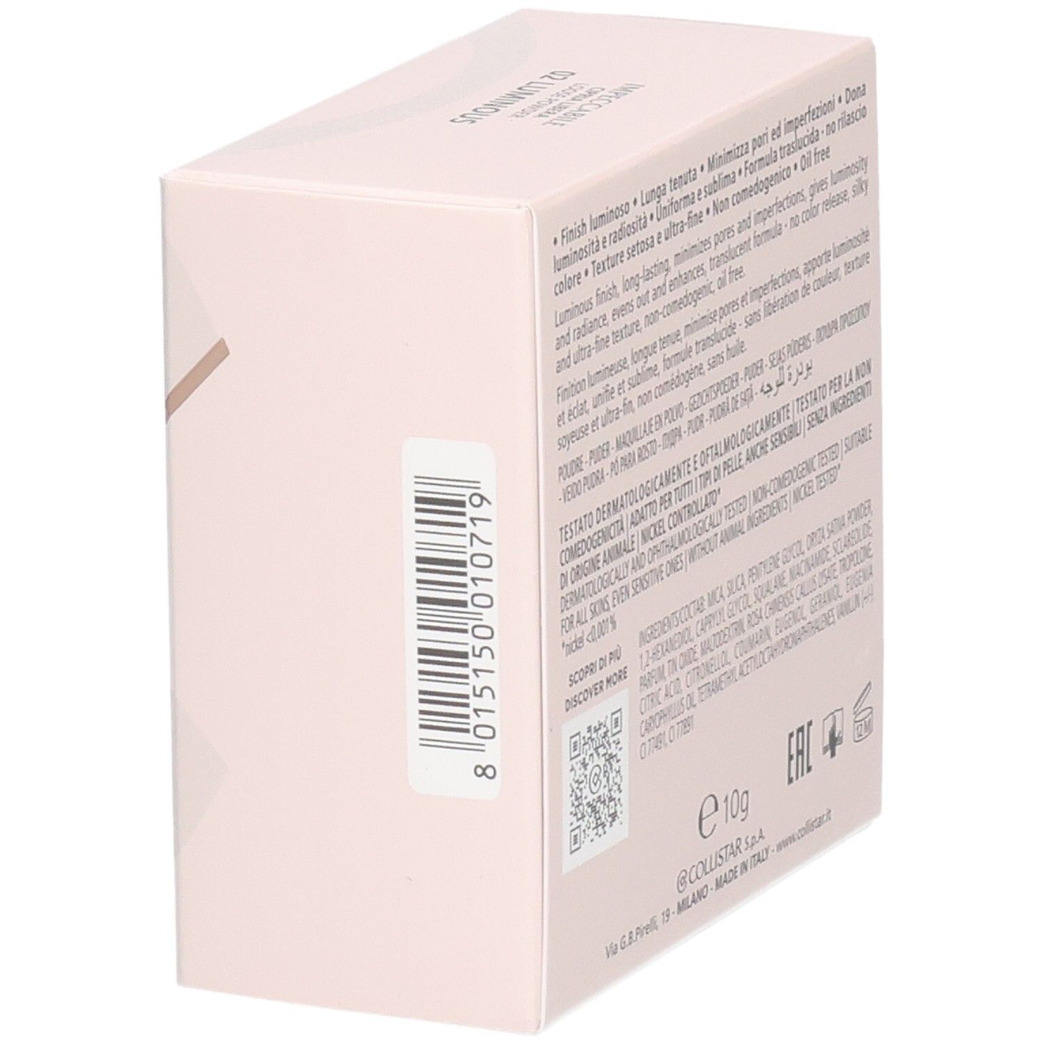 Collistar Impeccabile Poudre Libre, 02 Luminous. Seitenansicht der Kartonverpackung mit Barcode.