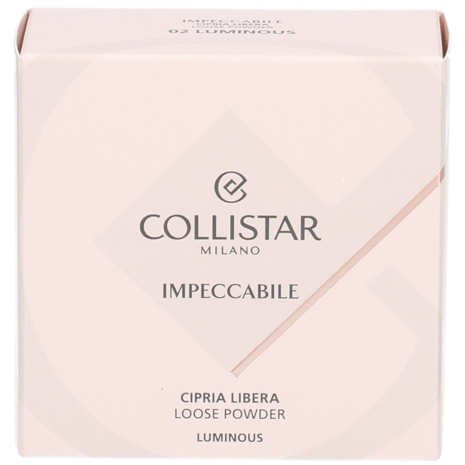 Collistar Impeccabile Poudre Libre, 02 Luminous. Vorderseite der Kartonverpackung.