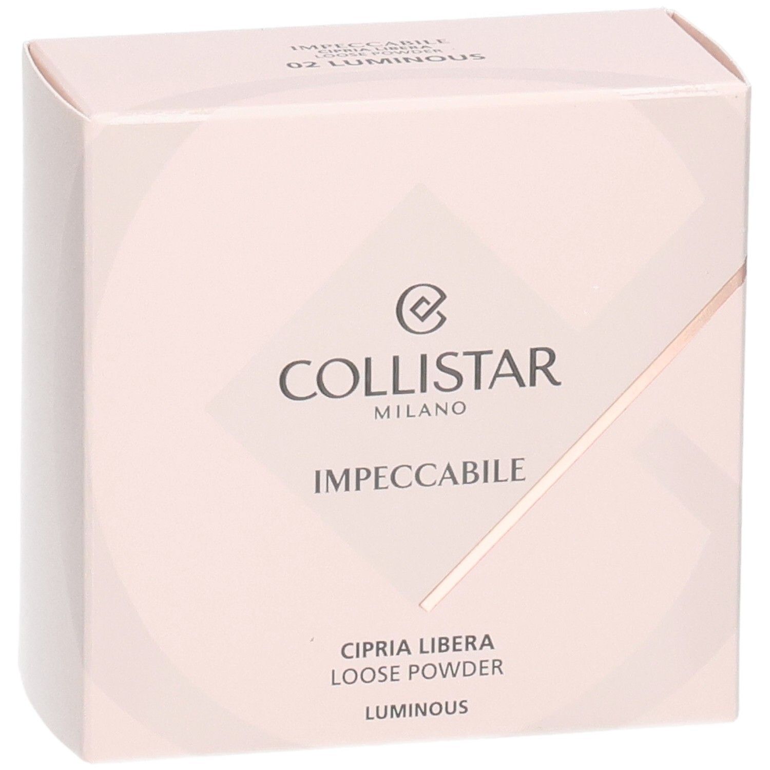 Collistar Impeccabile Poudre Libre, 02 Luminous. Vorderseite der Kartonverpackung mit Logo.