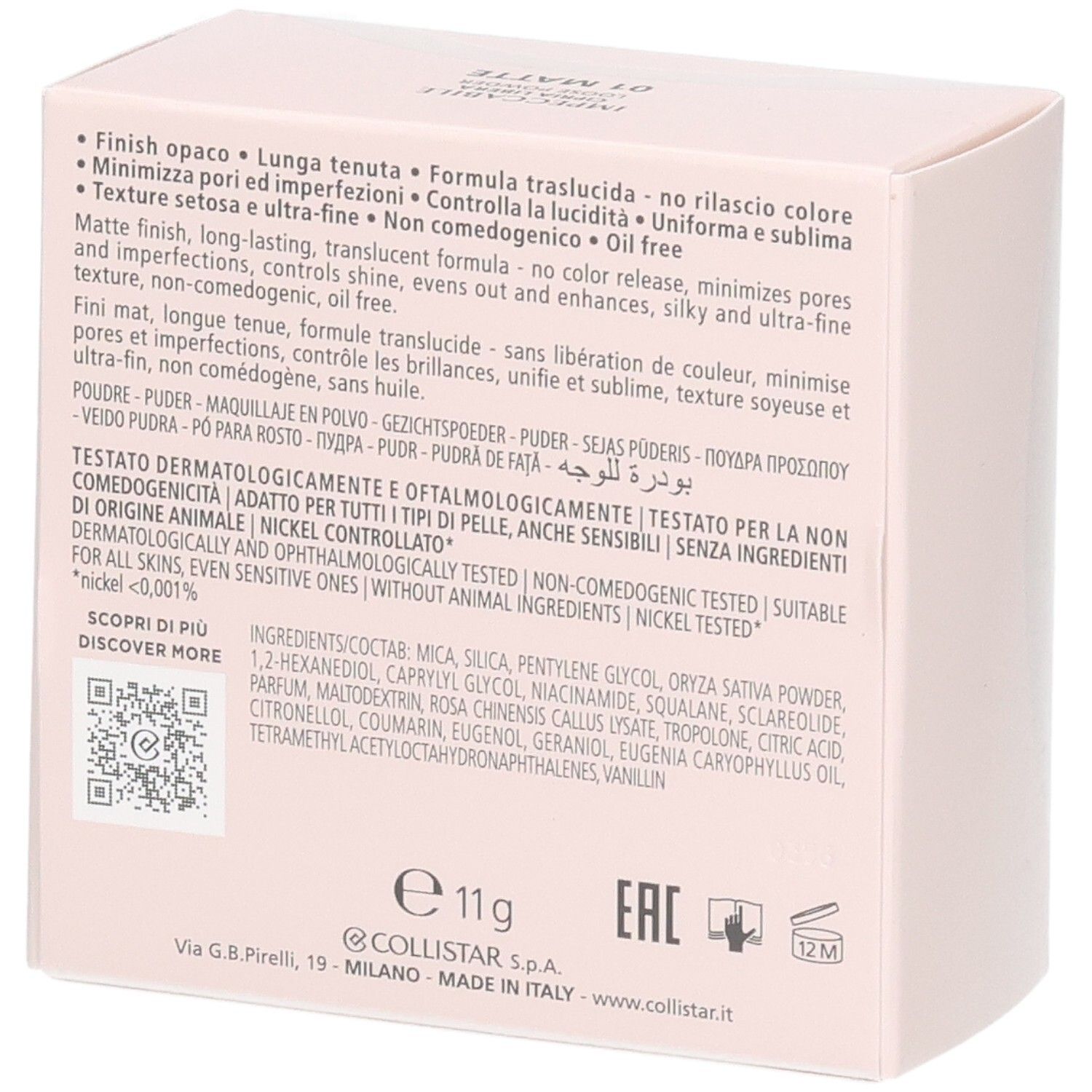 Rückseite der Collistar Impeccabile Poudre Libre Verpackung mit Inhaltsstoffen und Details.