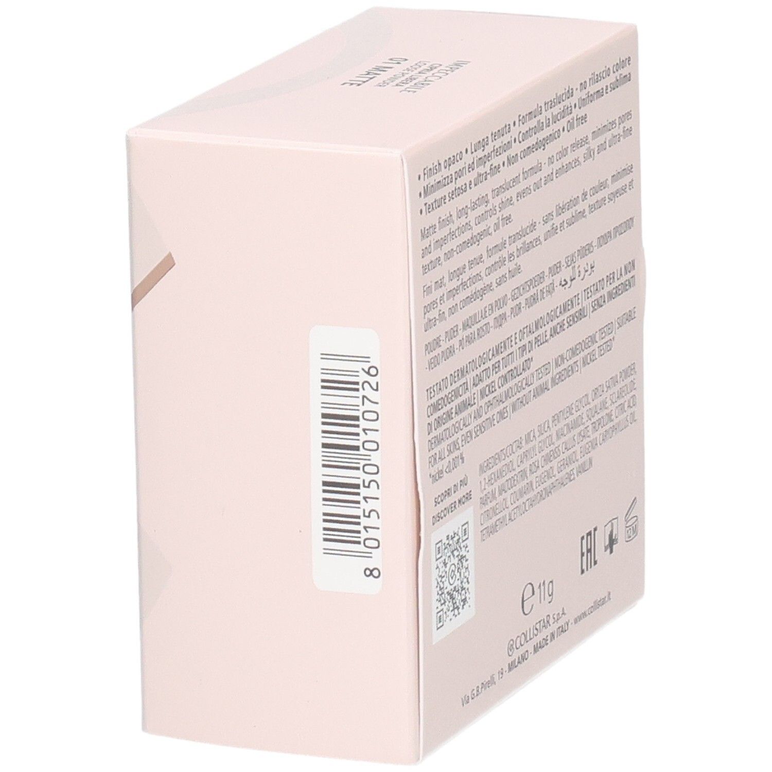 Collistar Impeccabile Poudre Libre Kartonverpackung, Seitenansicht mit Barcode.