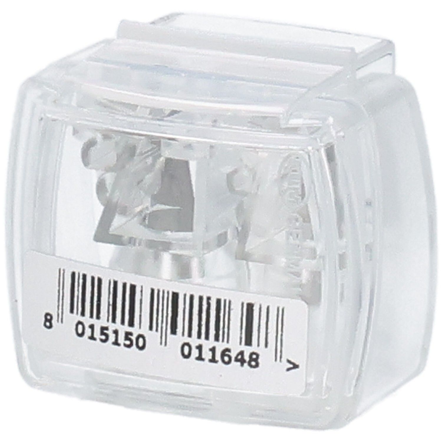 Transparenter Doppelspitzer mit Barcode-Etikett. Barcode und Zahlen. Klappdeckel.