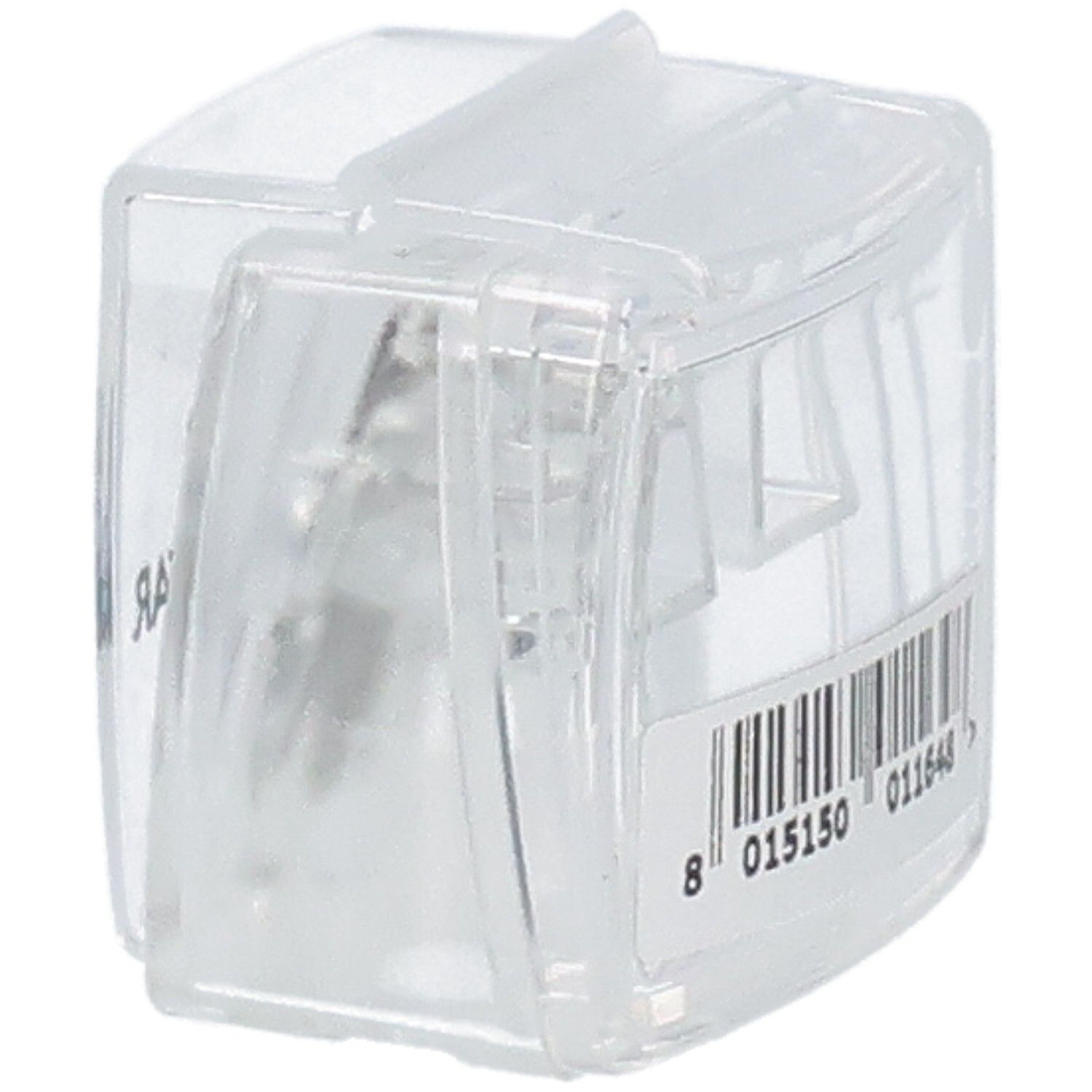 Transparenter Doppelspitzer mit Barcode-Etikett. Barcode und Zahlen. Klappdeckel.