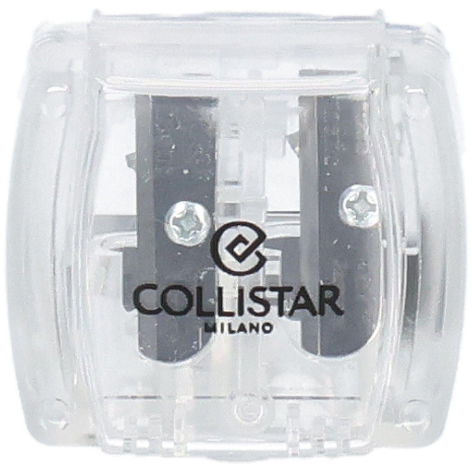 Transparenter Doppelspitzer. COLLISTAR MILANO Logo. Zwei Öffnungen für verschiedene Stiftgrößen. Klappdeckel.