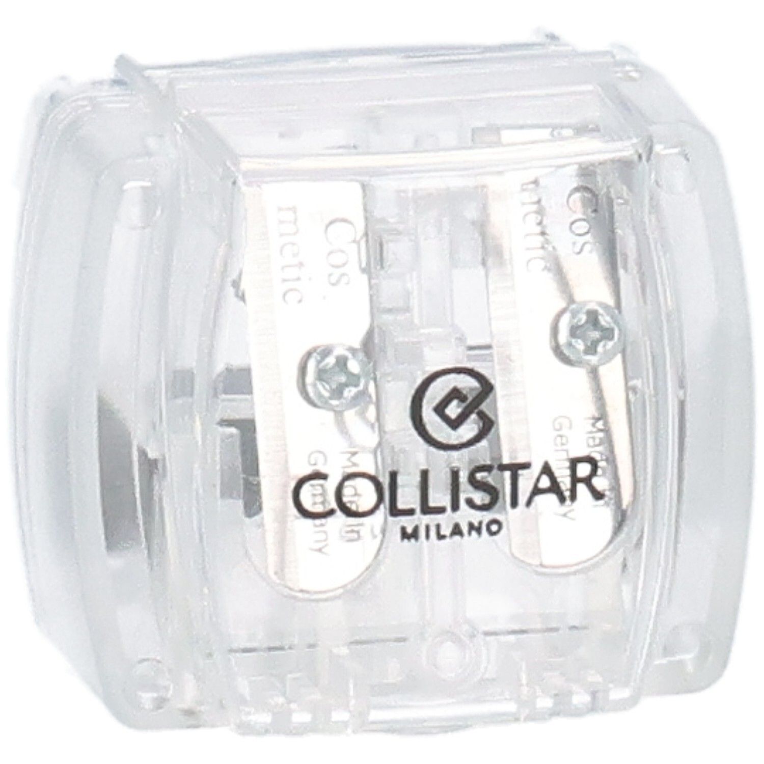Transparenter Doppelspitzer. COLLISTAR MILANO Logo. Zwei Öffnungen für verschiedene Stiftgrößen. Klappdeckel.