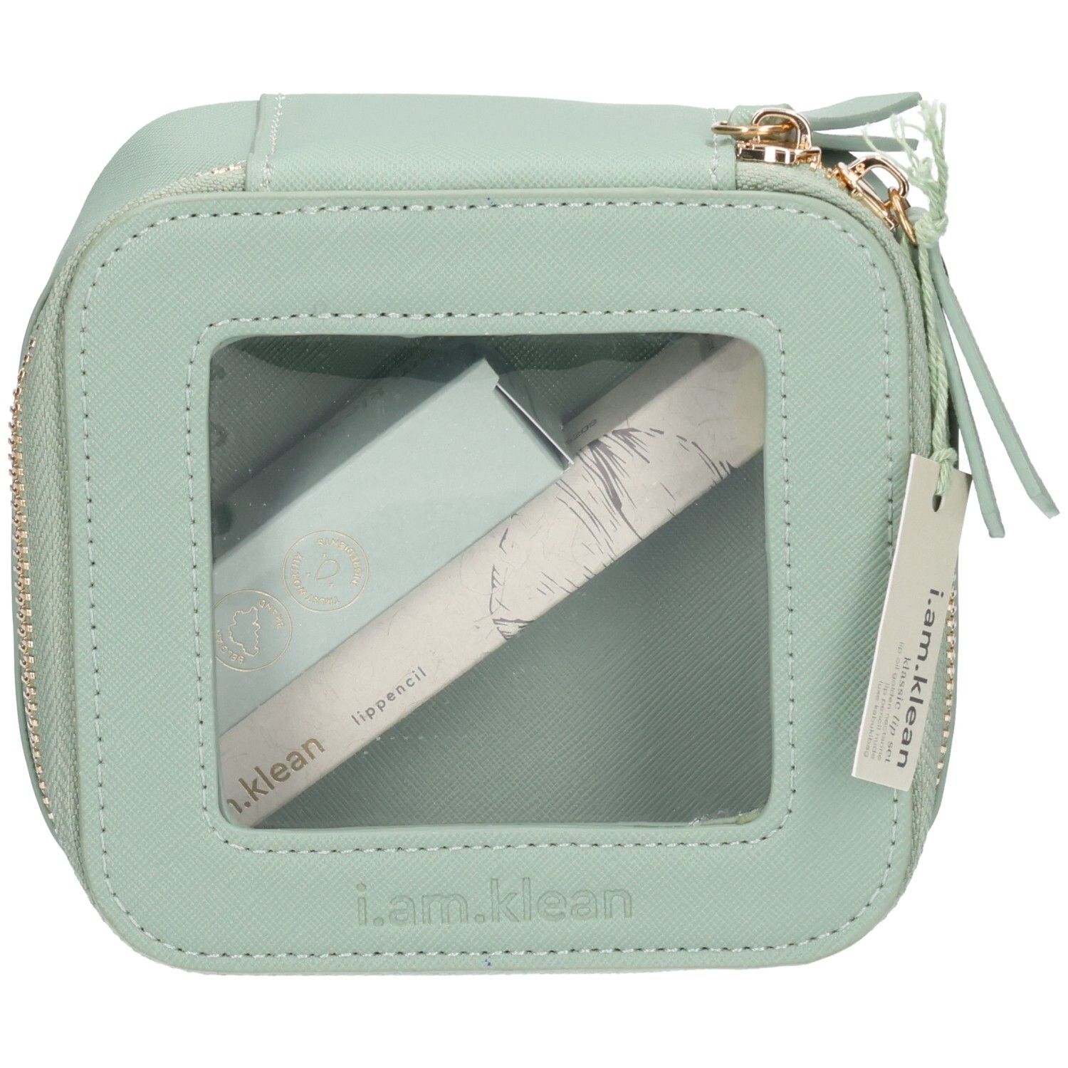 Trousse de maquillage carrée menthe avec fermeture éclair et fenêtre transparente. Contient deux produits et une étiquette i.am.klean.