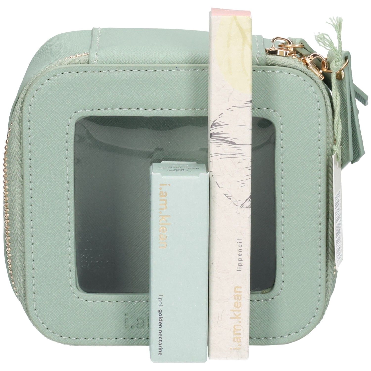 Trousse de maquillage menthe avec fermeture éclair et fenêtre. Contient un rouge à lèvres et un crayon à lèvres. Étiquette i.am.klean.
