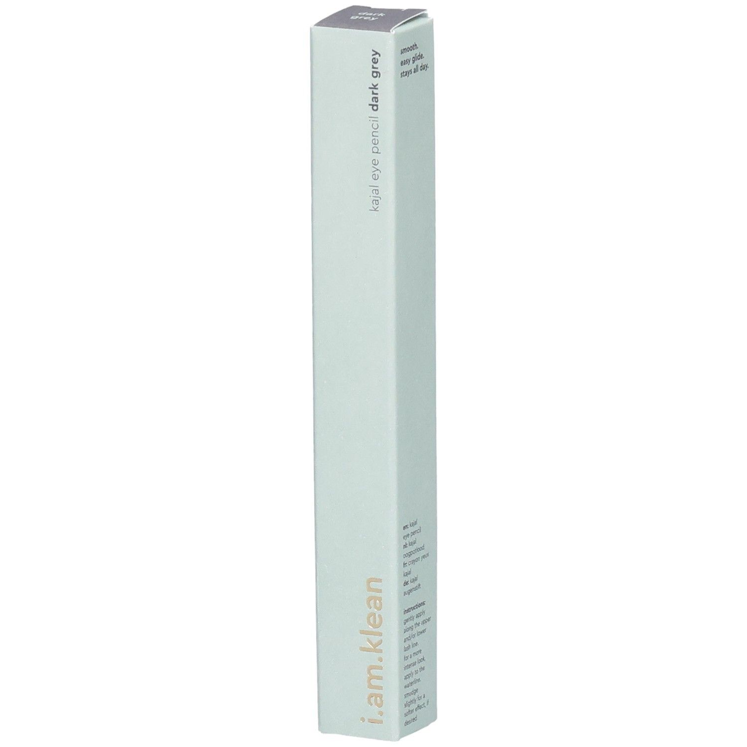 Kajal Eye Pencil Dark Grey Moontide in hellgrüner Verpackung. Marke i.am.klean. Schlanke, rechteckige Form.