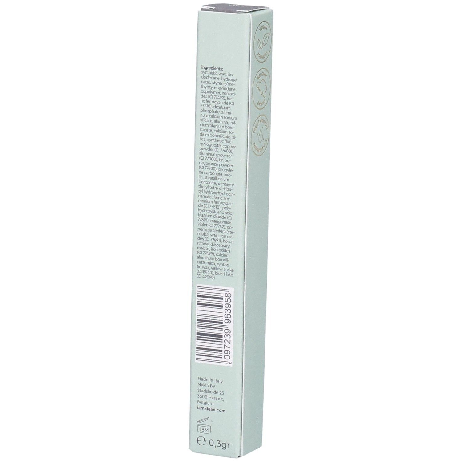 Rückseite der Verpackung mit Inhaltsstoffen, Barcode und Herstellungsangaben. Kajal Eye Pencil Dark Grey Moontide.