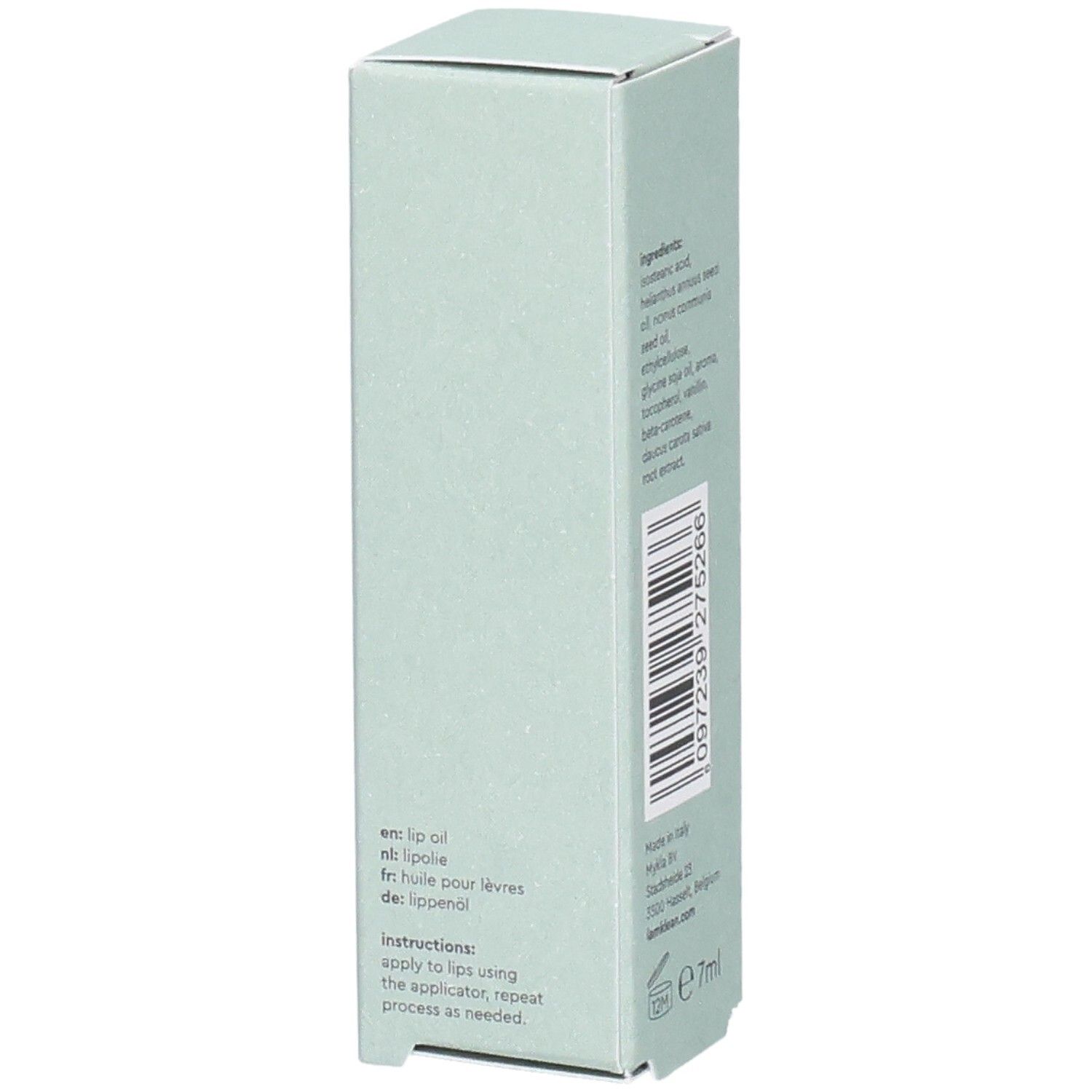 Boîte vert clair. Texte : en lip oil, fr huile pour lèvres, de lippenöl. Texte : instructions, e 7ml.