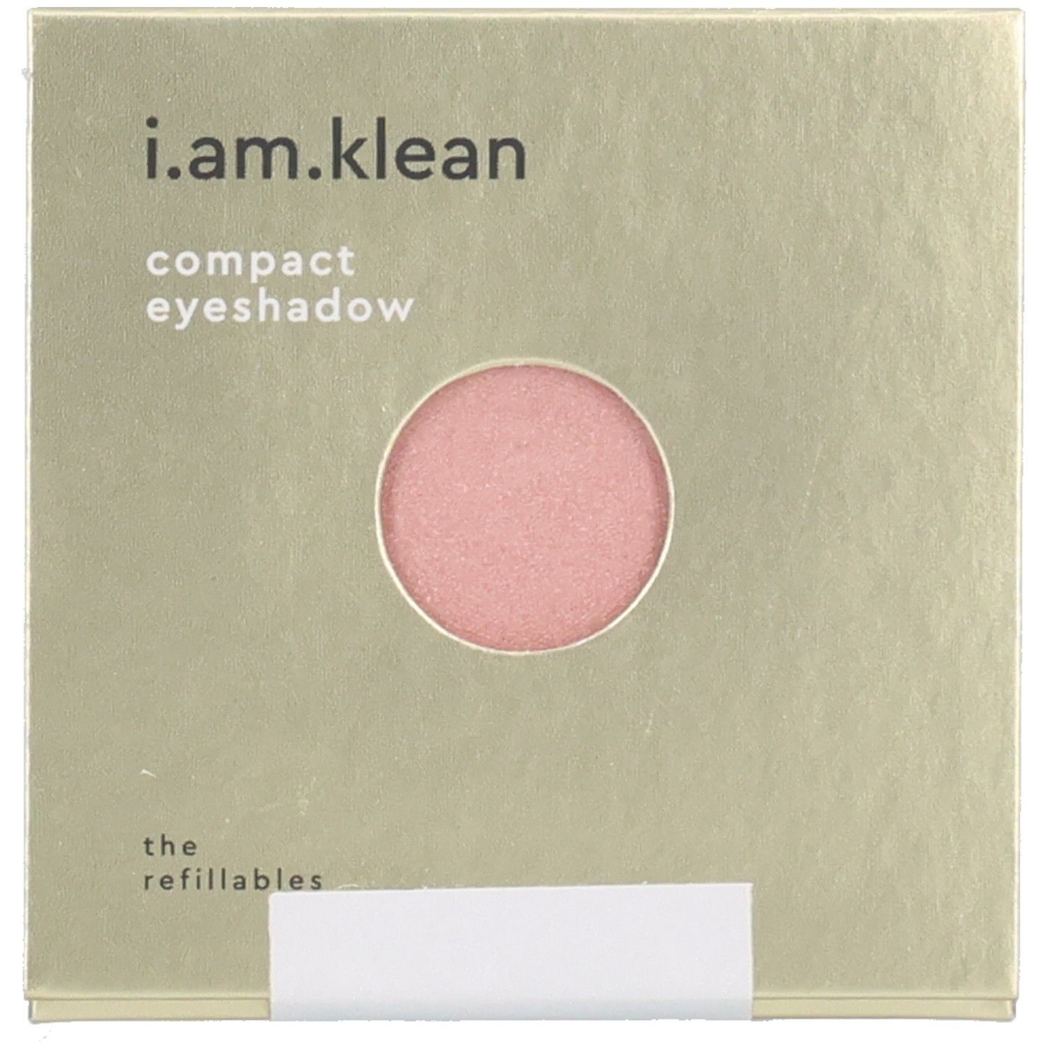 Kompakter, runder Lidschatten in Rosa. Auf goldfarbener Verpackung steht "i.am.klean compact eyeshadow".