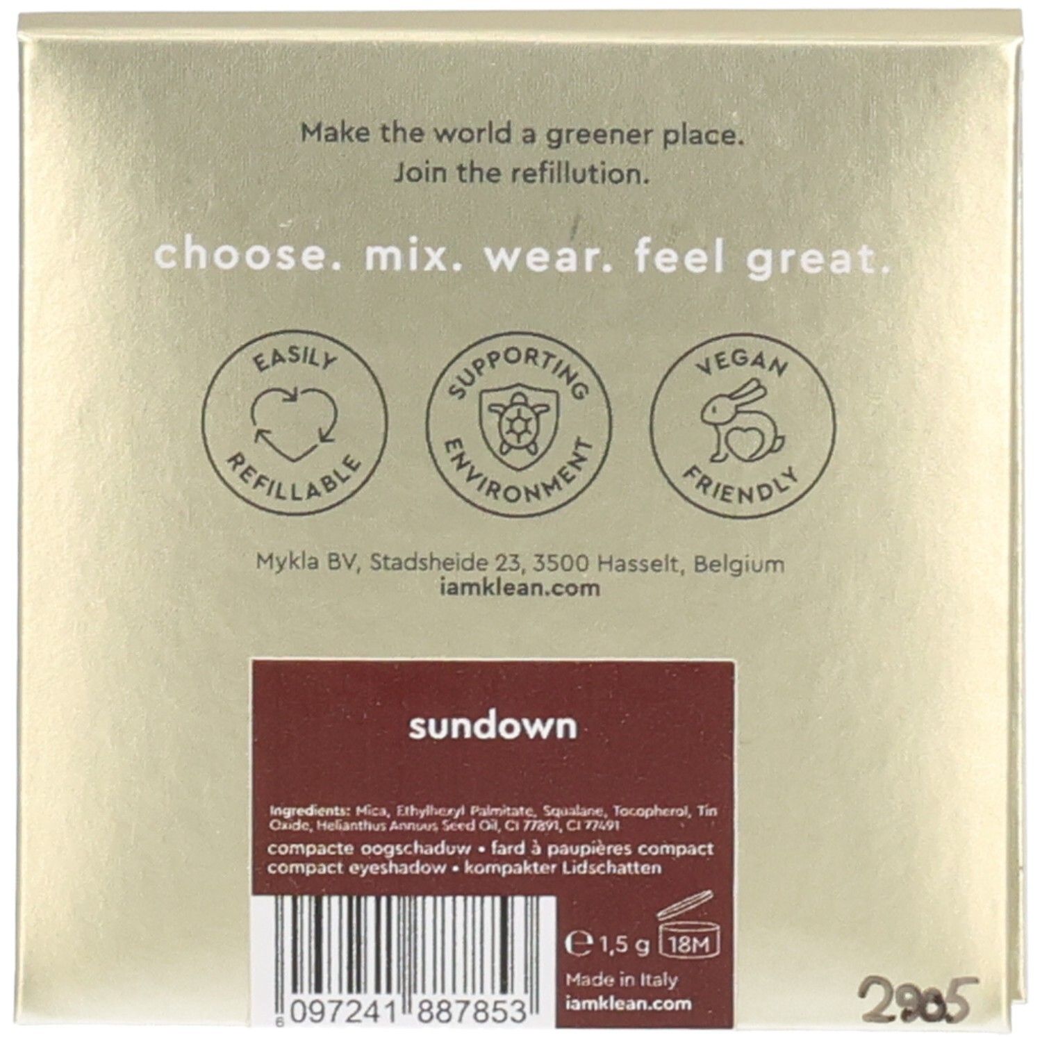 Rückseite der Lidschattenverpackung. Text mit Informationen zu Inhaltsstoffen, Refill-Logo, veganem Logo und Herkunft. Farbe: Braun.