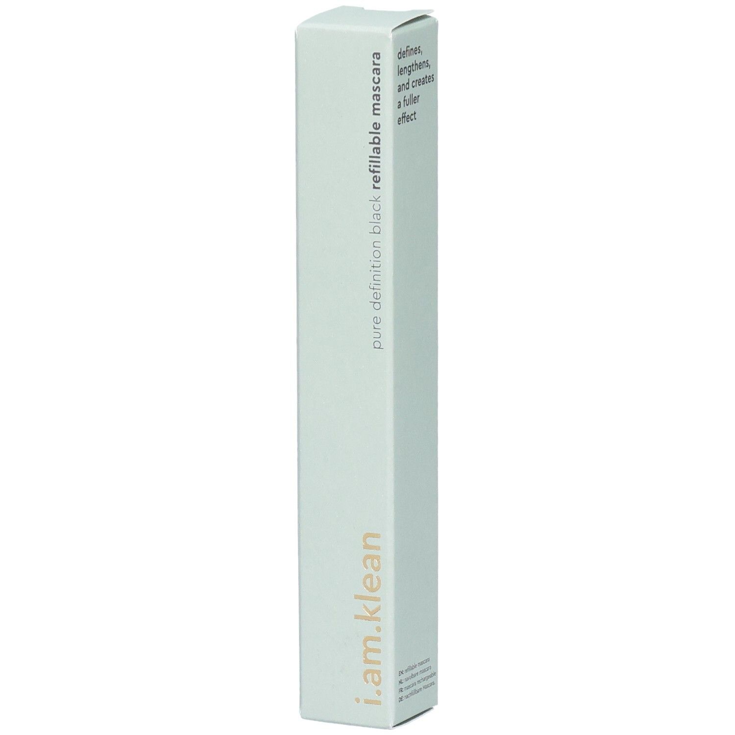 Schwarze, nachfüllbare Mascara-Verpackung. Text: i.am.klean, pure definition black, refillable mascara. Definiert, verlängert und verleiht mehr Fülle.