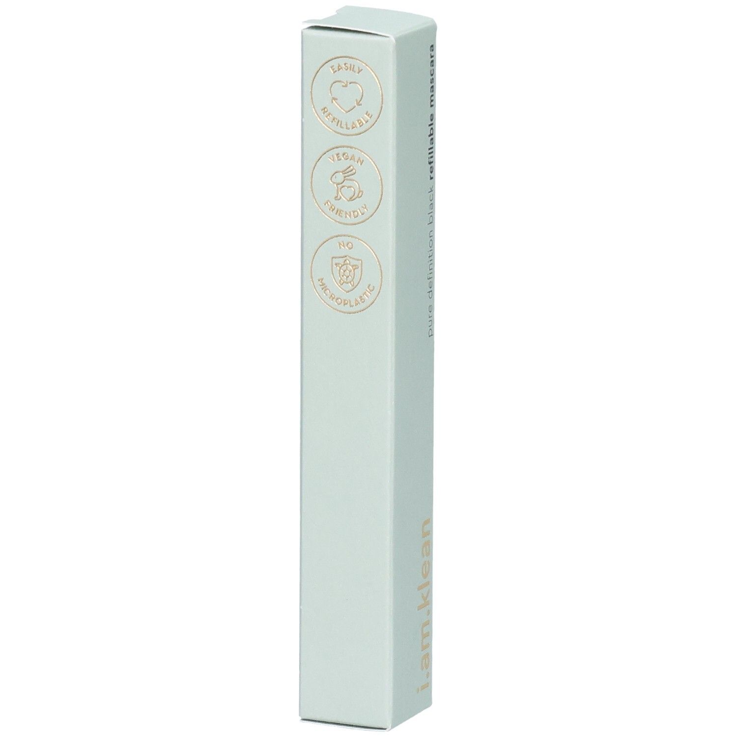 Hellgrüne Mascara-Verpackung mit goldenen Logos. Vegan, tierversuchsfrei, mikroplastikfrei. Text: i.am.klean, pure definition black, refillable mascara.