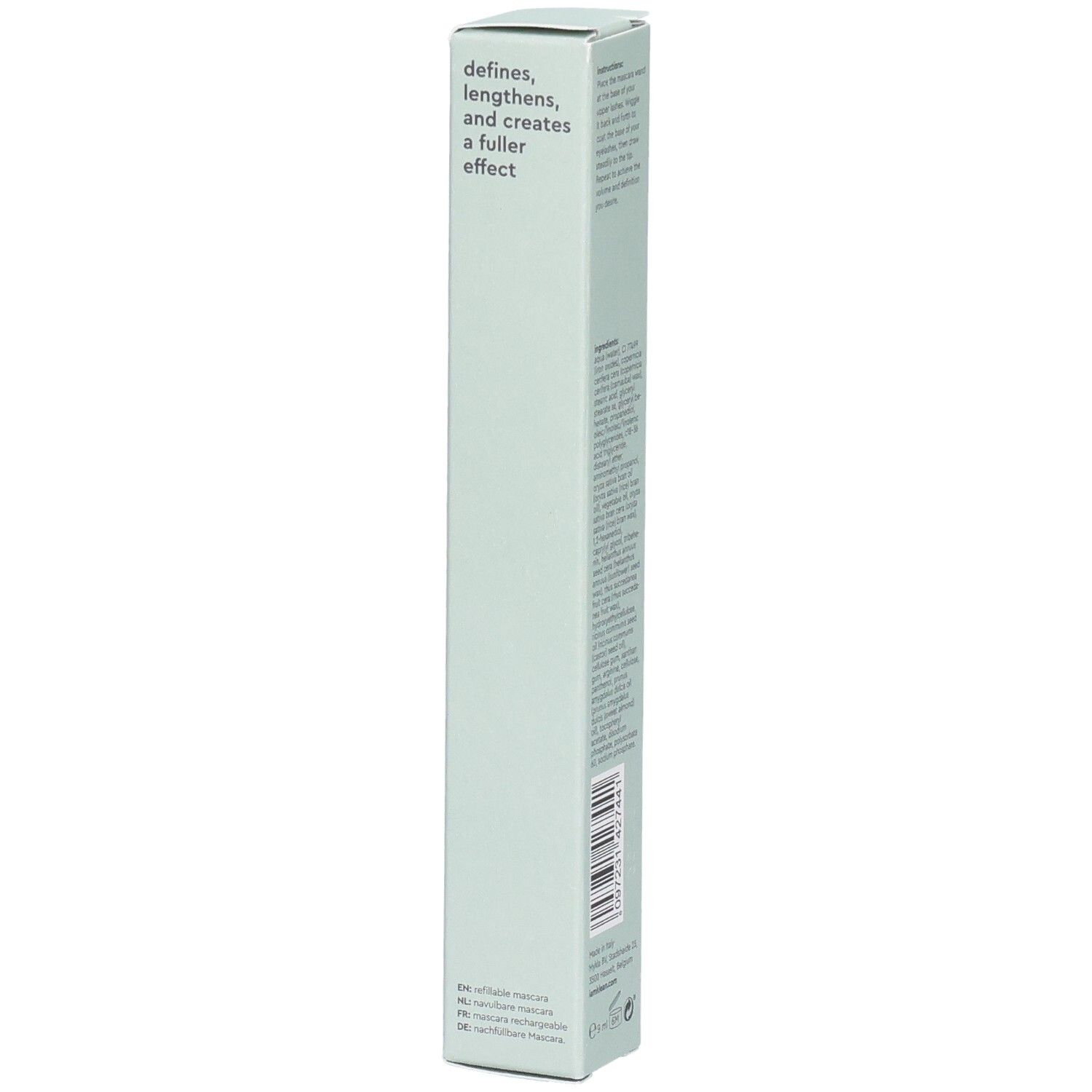 Mascara-Verpackung. Text: Definiert, verlängert und verleiht mehr Fülle. Pure definition black, refillable mascara. Barcode.