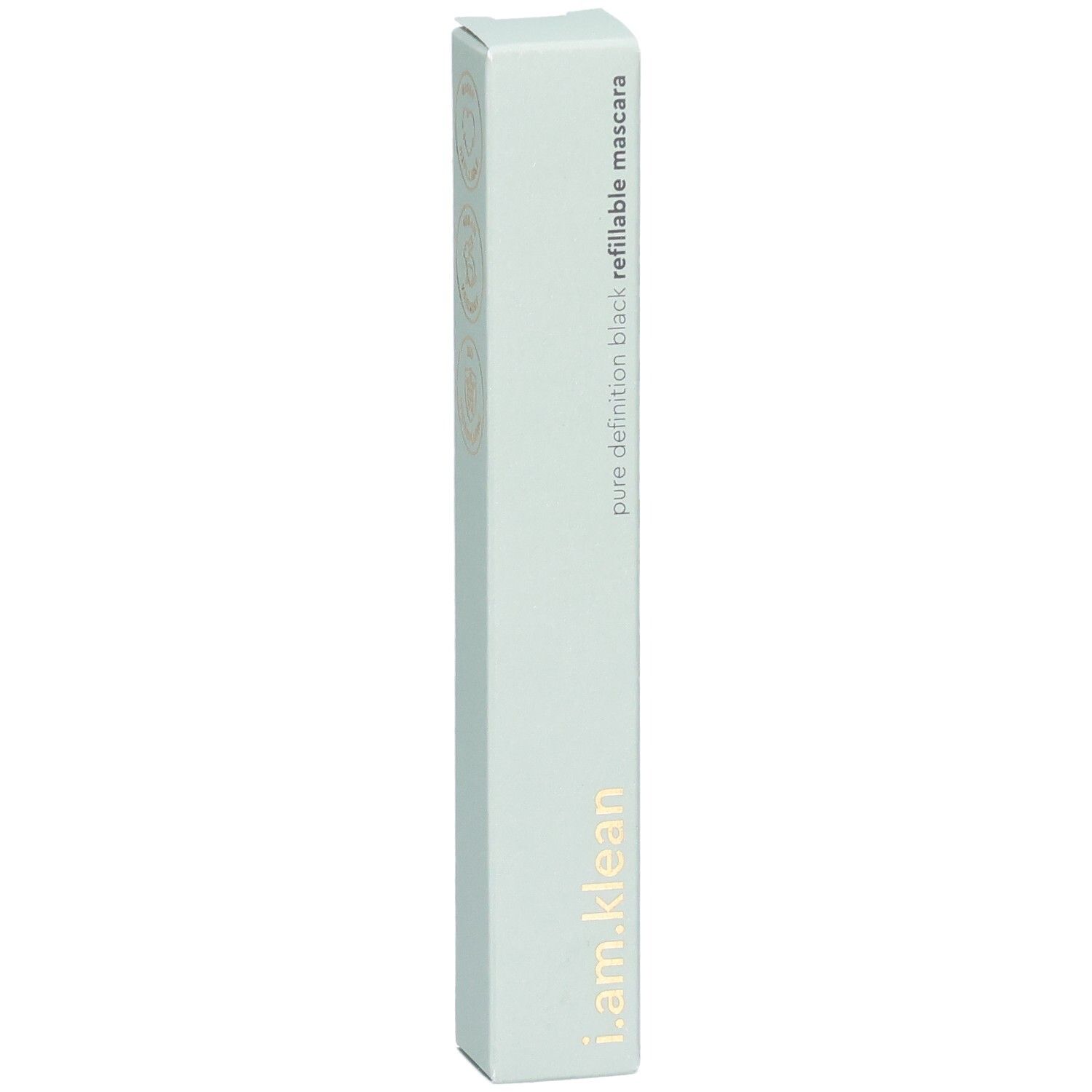 Mascara-Verpackung. Text: i.am.klean, pure definition black, refillable mascara. Hellgrüne Verpackung mit goldenem Text.