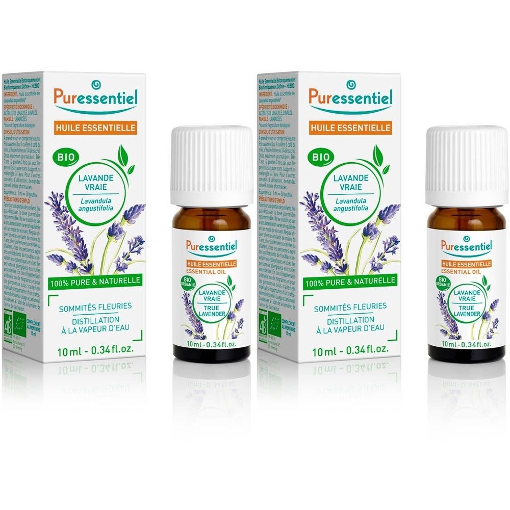 Huile essentielle Bio Puressentiel Lavande vraie, 10ml. Distillation vapeur des sommités fleuries.