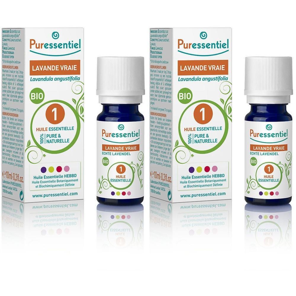 Flacons et boîtes d'huile essentielle Puressentiel Lavande Bio.