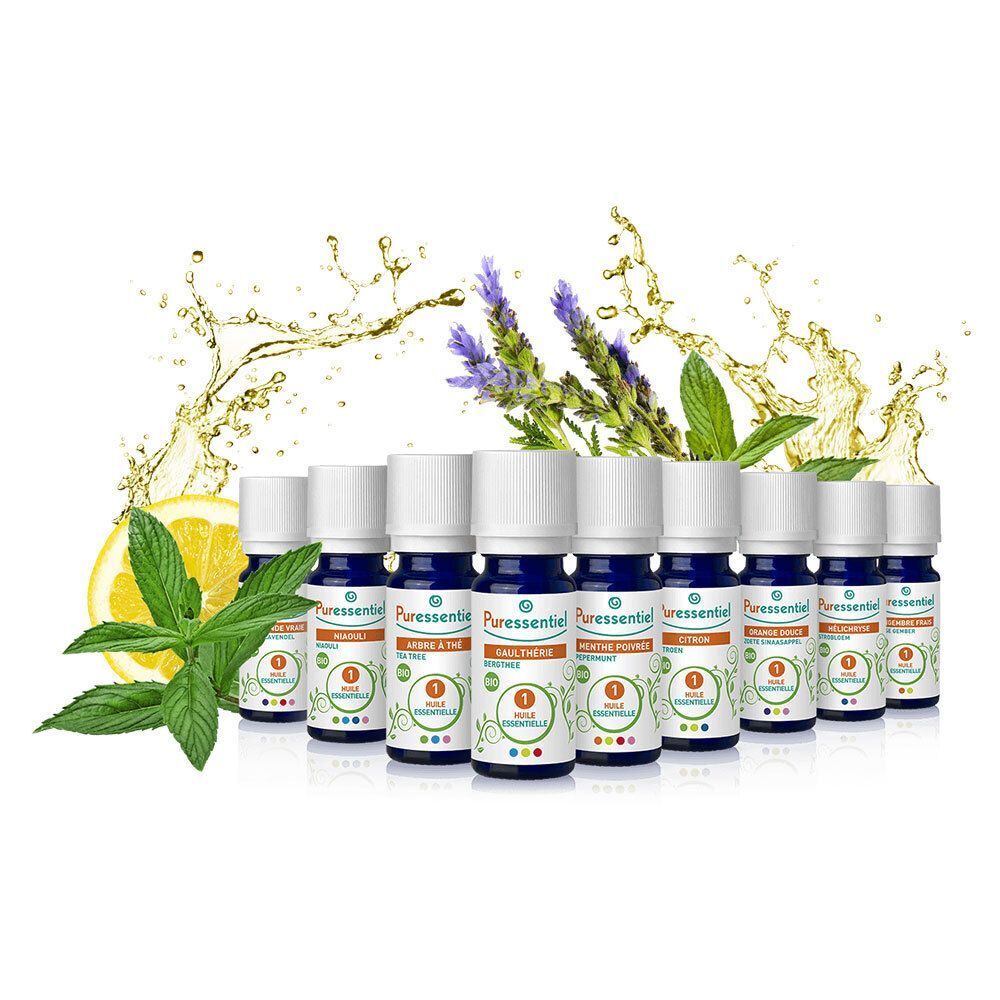 Gamme d'huiles essentielles Puressentiel avec fruits et herbes.