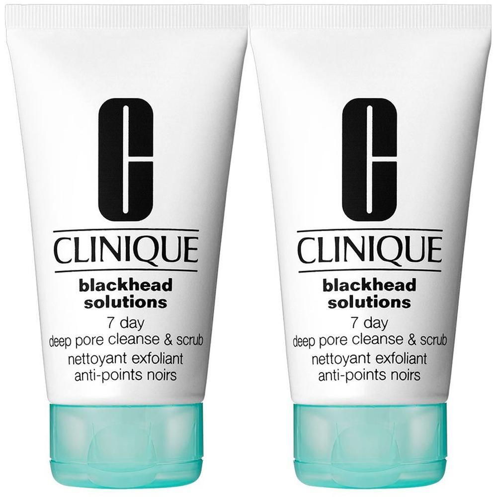 Deux tubes Clinique Blackhead Solutions 7 Day, gommage profond pour peaux à tendance acnéique, bouchons turquoise.