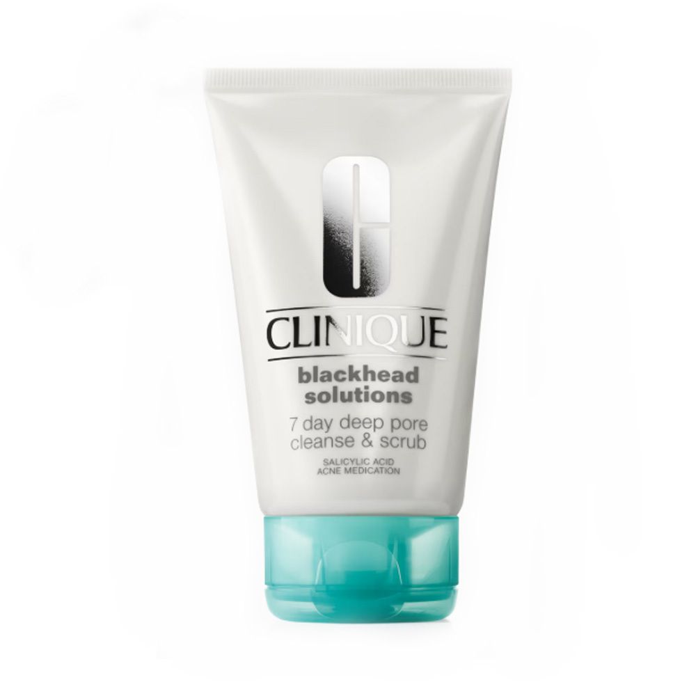 Tube Clinique Blackhead Solutions 7 Day, gommage profond pour peaux à tendance acnéique, bouchon turquoise.