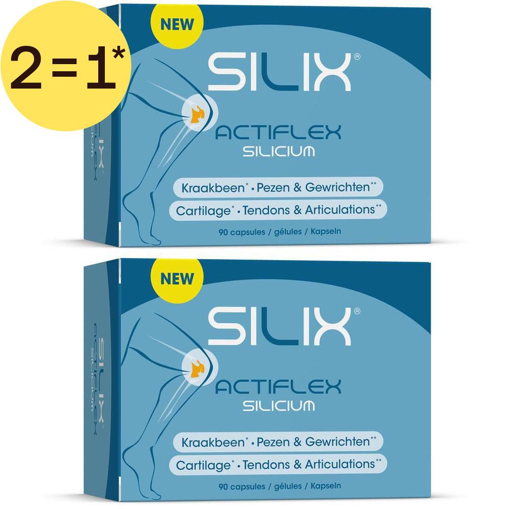 Deux boîtes bleues "SILIX Actiflex Silicium". Inscription "NEW" et illustration de genou. 90 capsules.