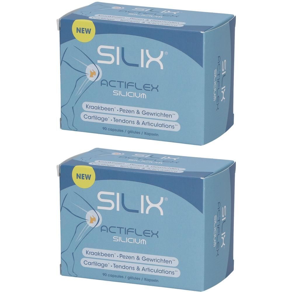 Zwei blaue Schachteln mit der Aufschrift "SILIX Actiflex Silicium". Aufschrift "NEW" und Illustration eines Knies.