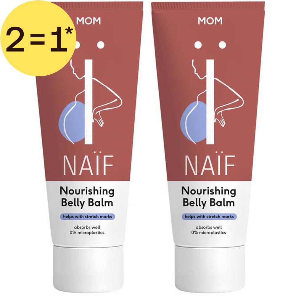 Deux tubes de Naïf Nourishing Belly Balm. Emballage rose-rouge avec logo et nom du produit. Aide contre les vergetures.