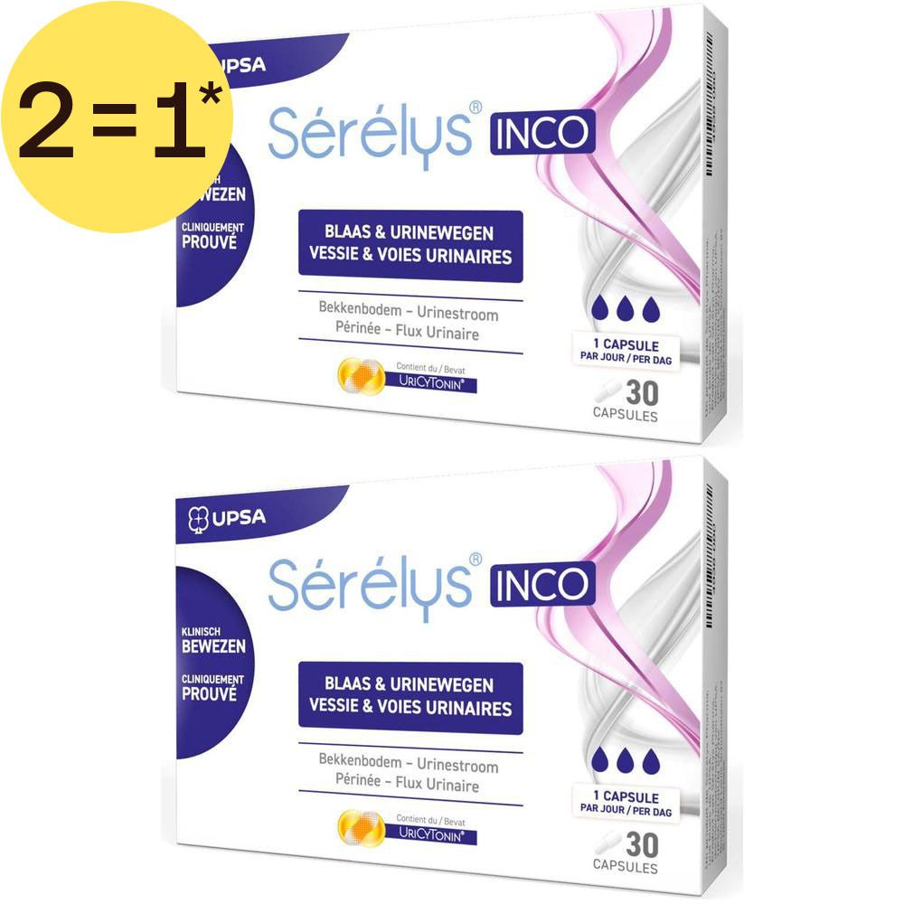Deux boîtes de capsules Sérélys INCO pour la vessie et les voies urinaires, chaque boîte contient 30 capsules.